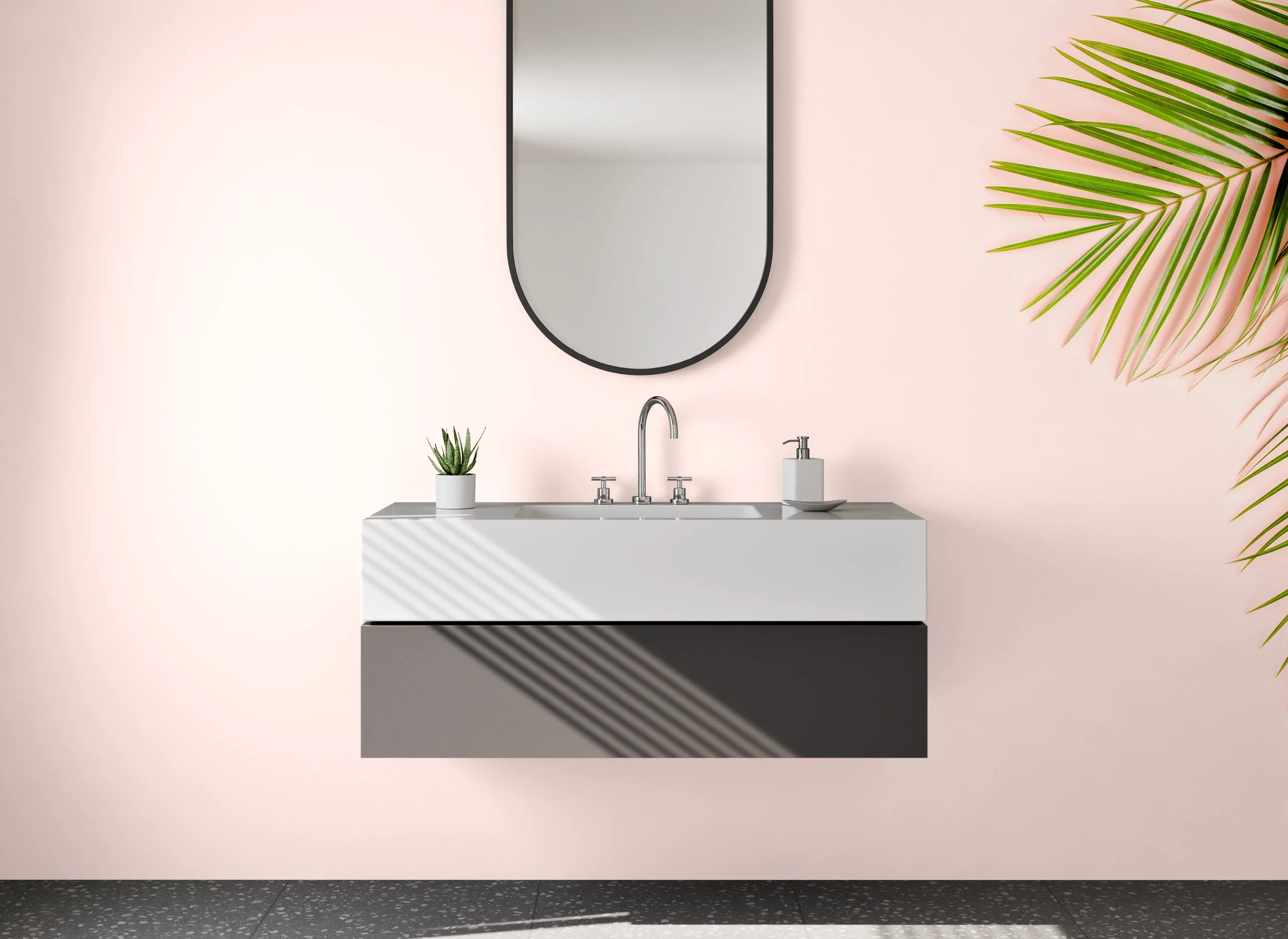 Waschbecken-Rückwand - Sommerliche Palme mit Strohhut auf Rosa
