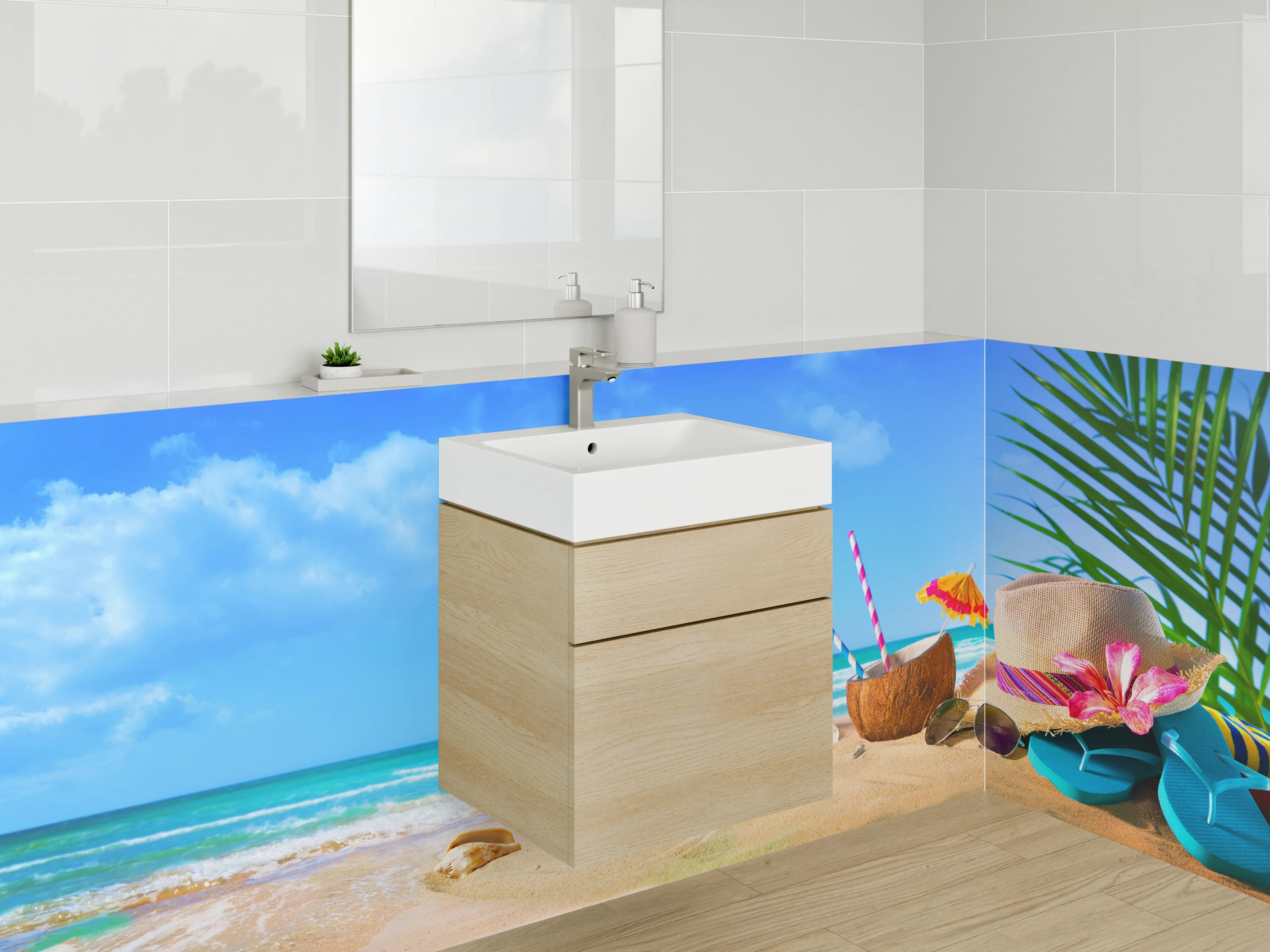 Waschbecken-Rückwand - Sommerlicher Strand mit Accessoires
