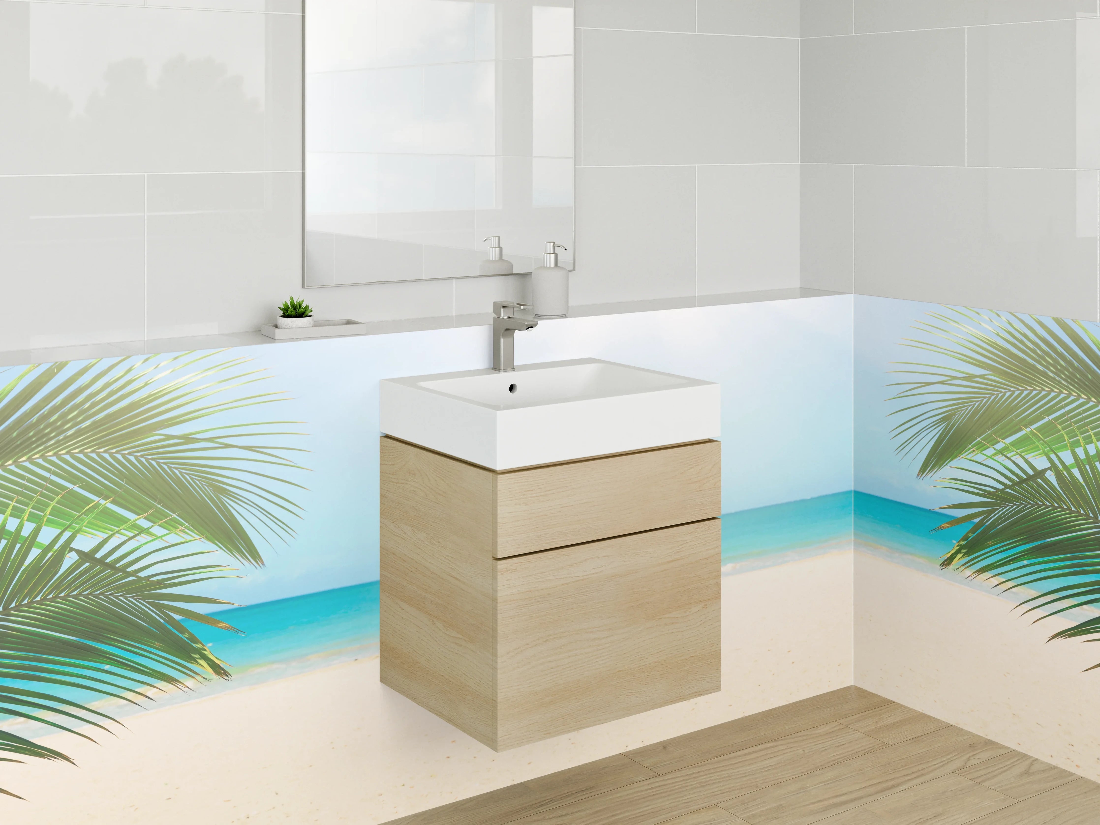 Waschbecken-Rückwand - Sommerlicher Strand mit Palmen