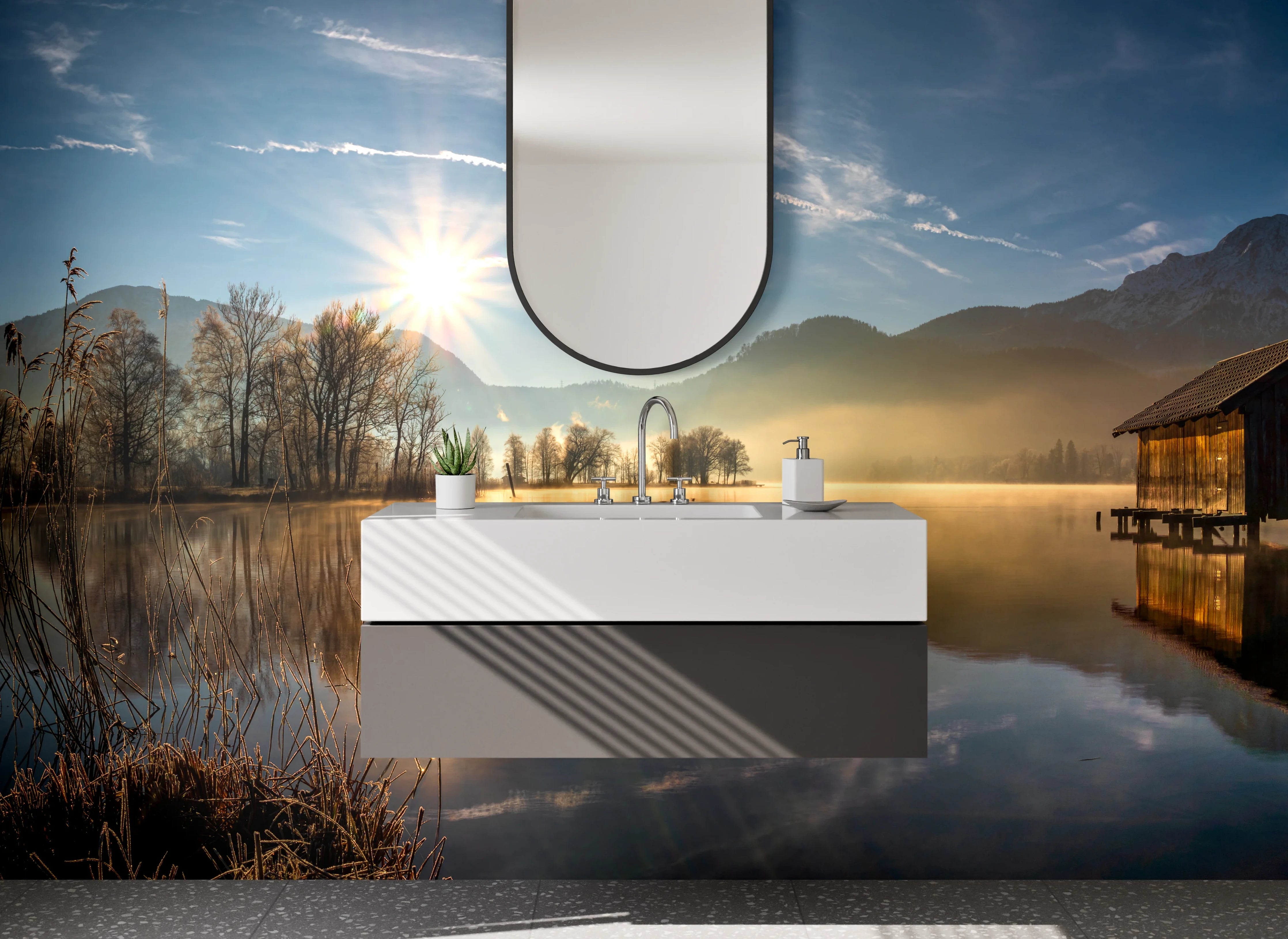 Waschbecken-Rückwand - Sonnenaufgang über dem See mit Berghintergrund