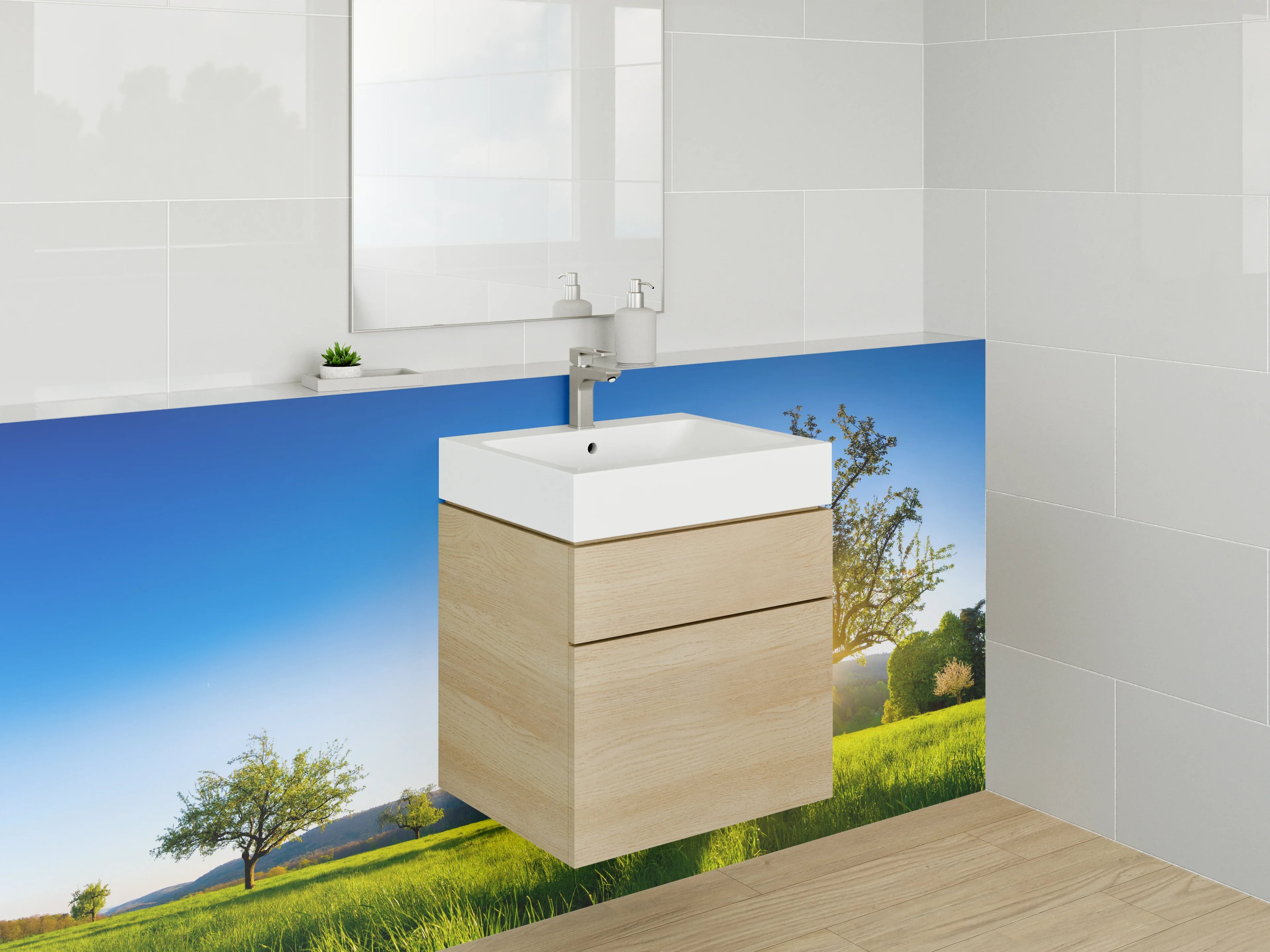 Waschbecken-Rückwand - Sonnenaufgang über grüner Frühlingswiese