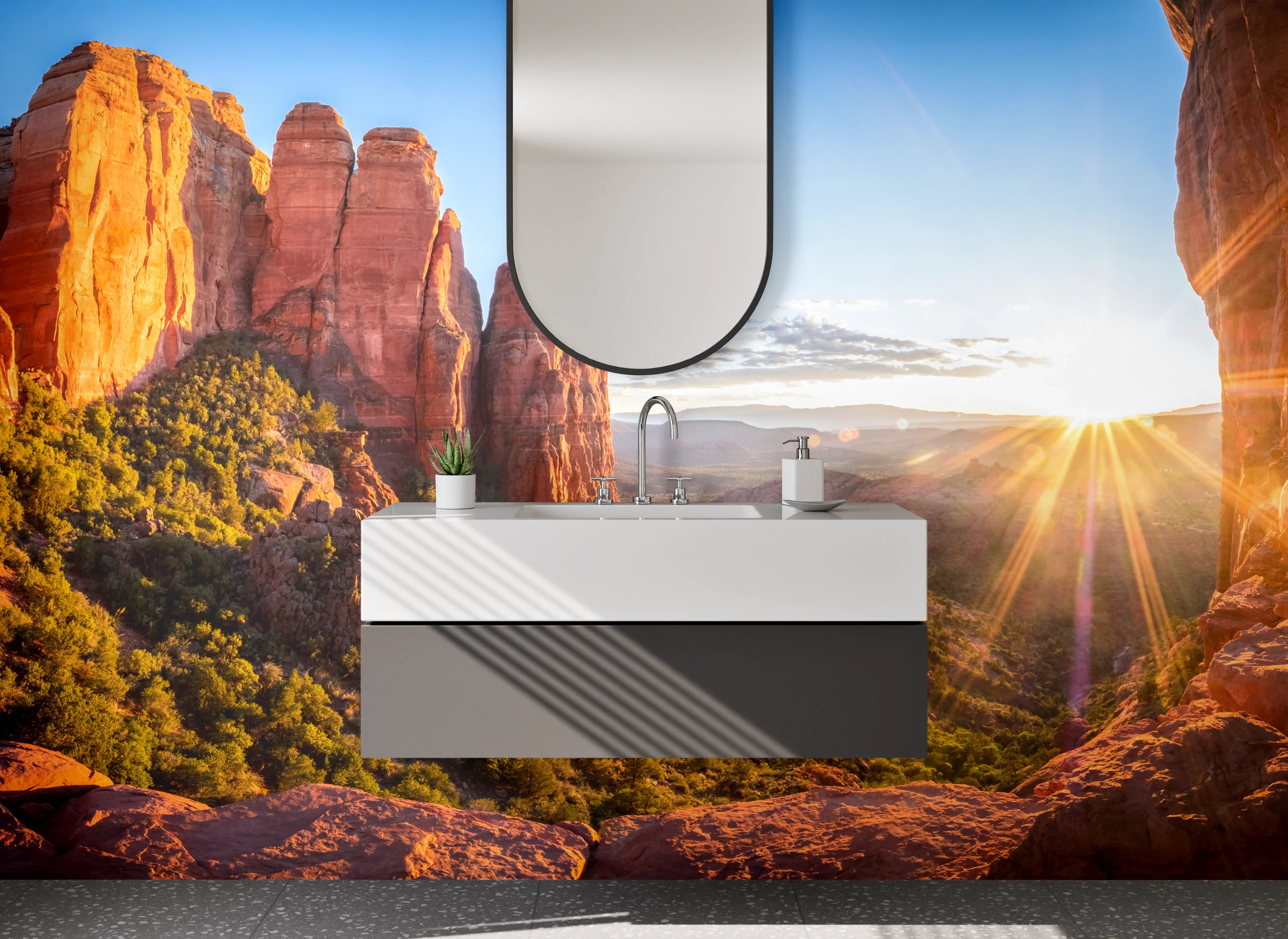 Waschbecken-Rückwand - Sonnenaufgang über roten Felsen