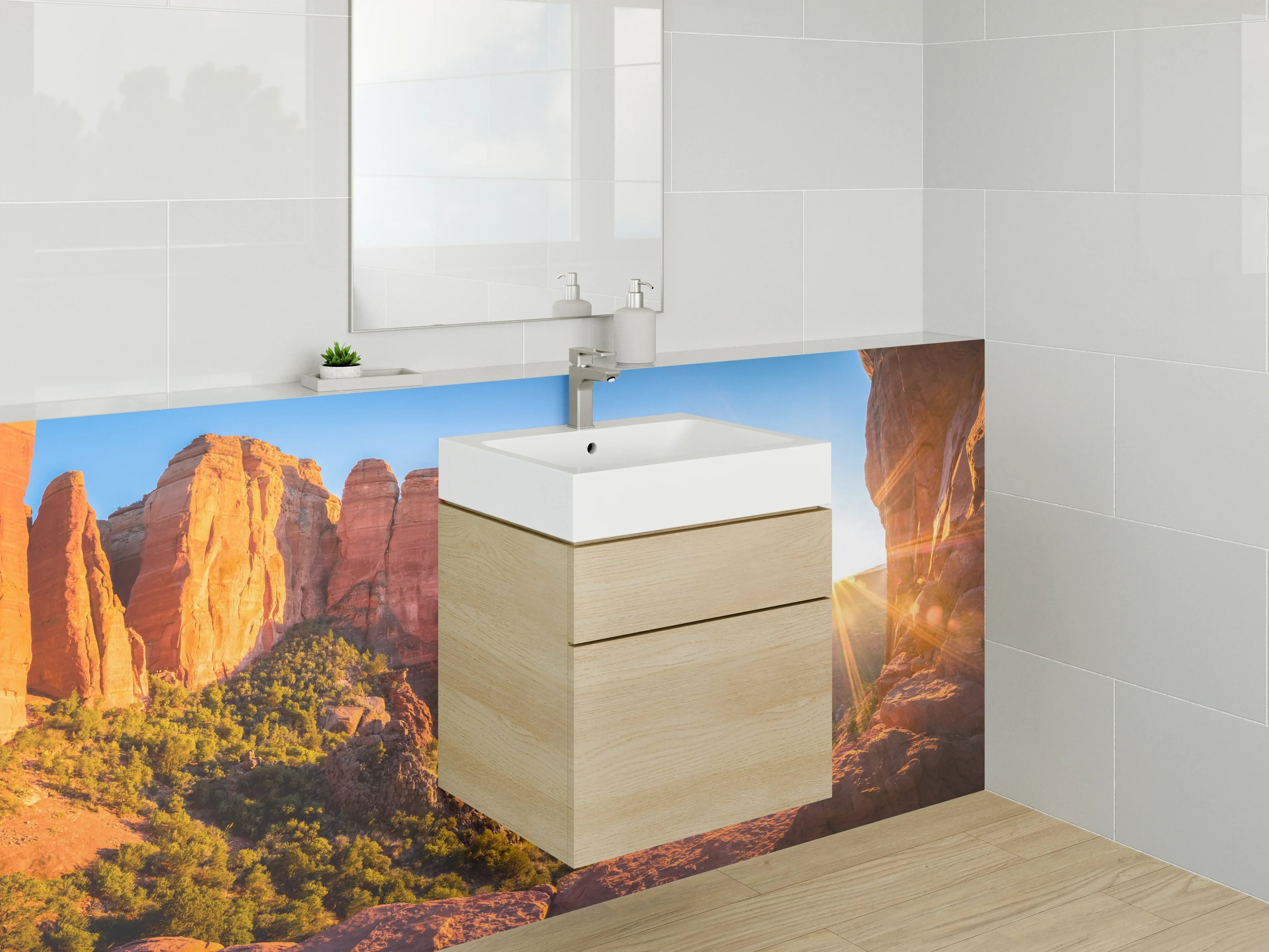 Waschbecken-Rückwand - Sonnenaufgang über roten Felsen