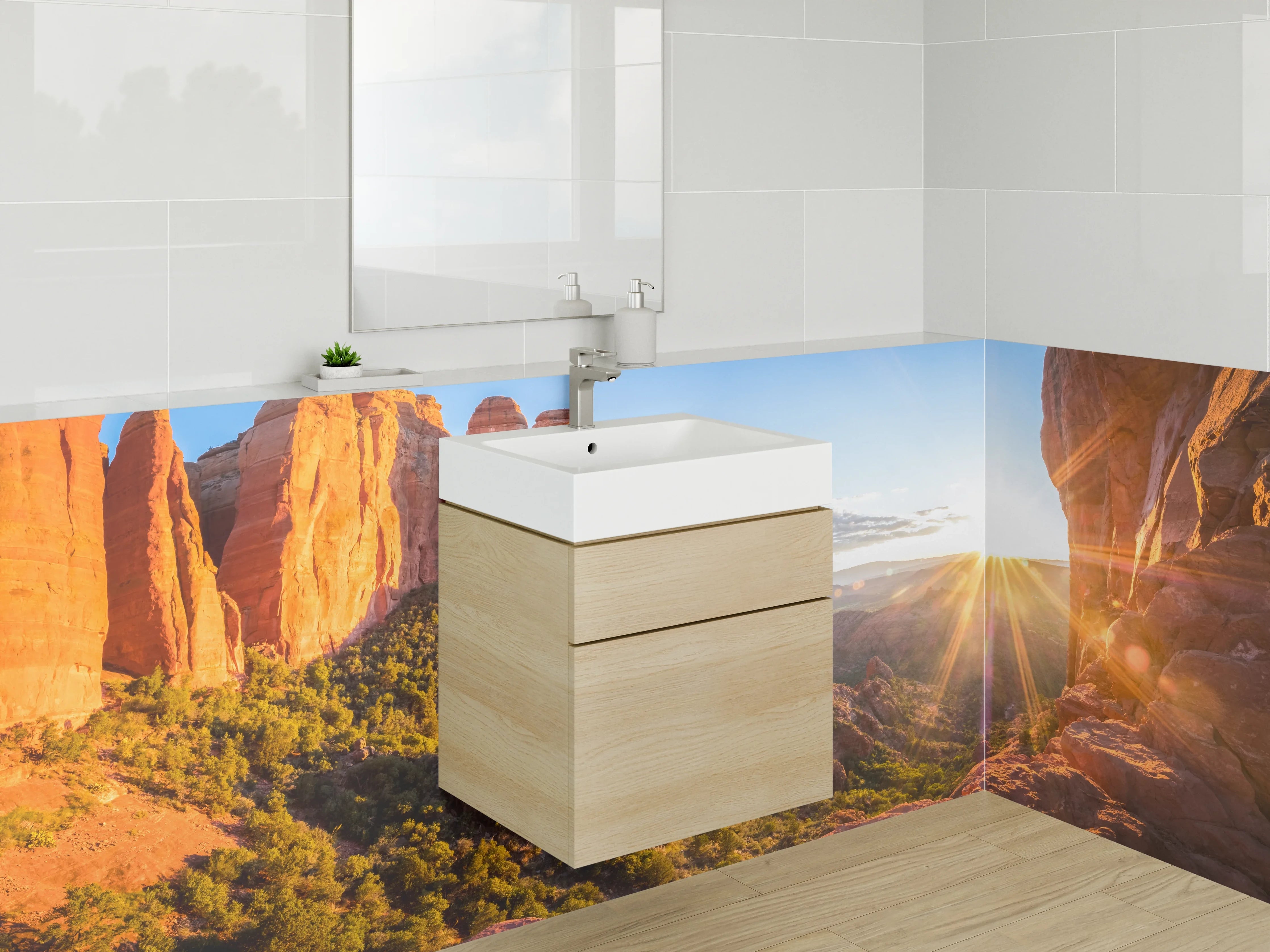Waschbecken-Rückwand - Sonnenaufgang über roten Felsen
