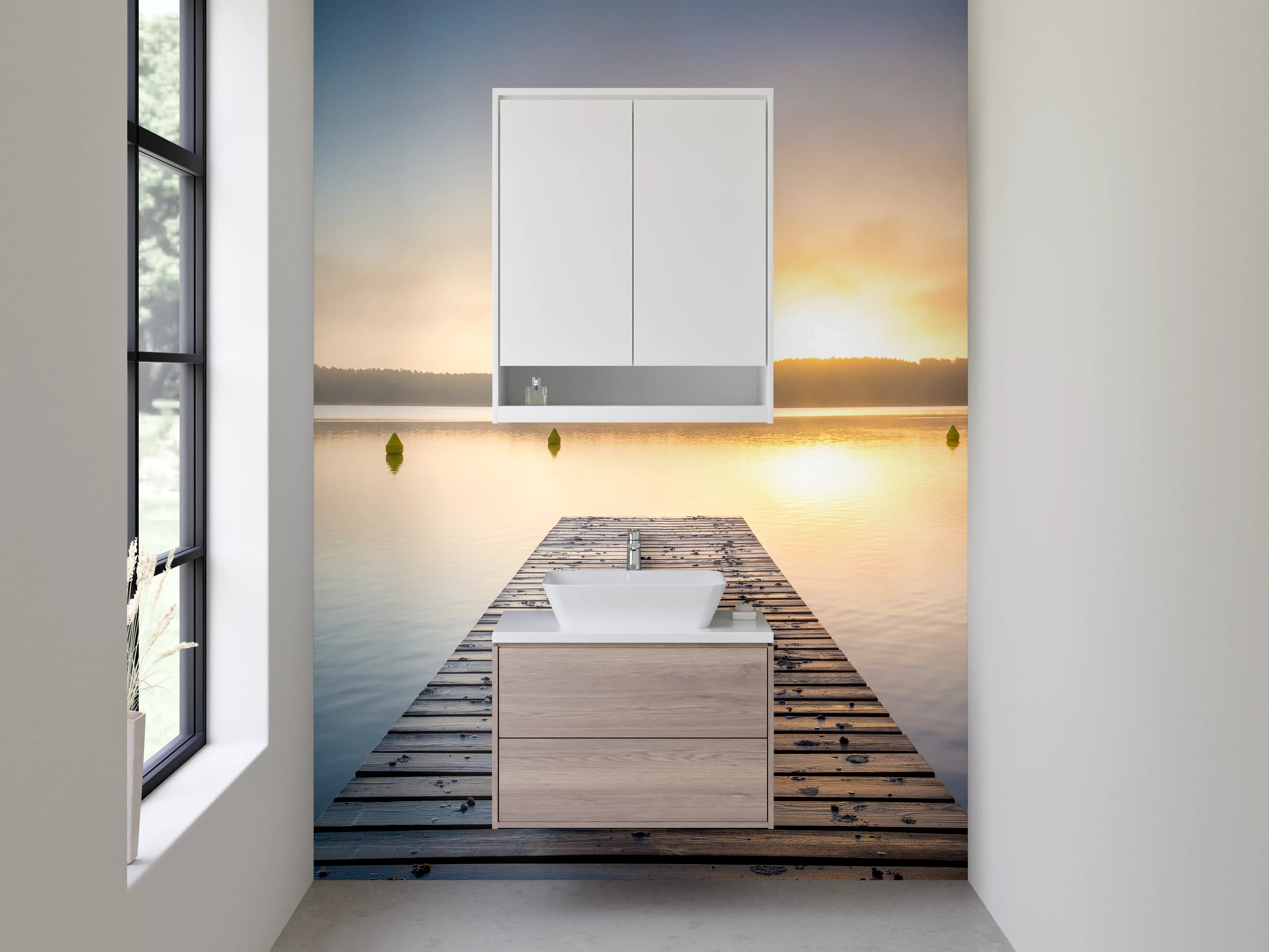 Waschbecken-Rückwand - Sonnenaufgang über ruhigem See mit Steg