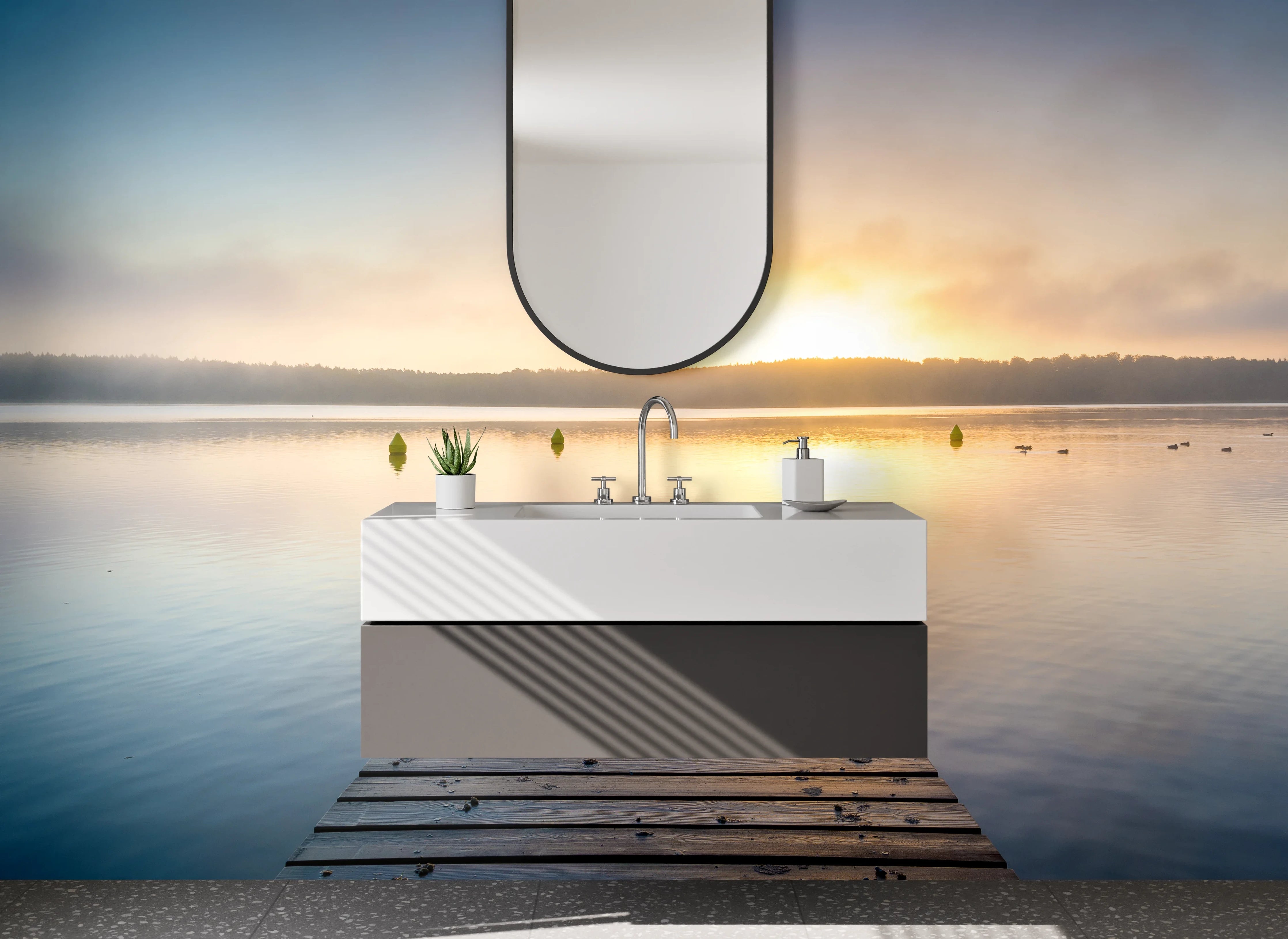 Waschbecken-Rückwand - Sonnenaufgang über ruhigem See mit Steg