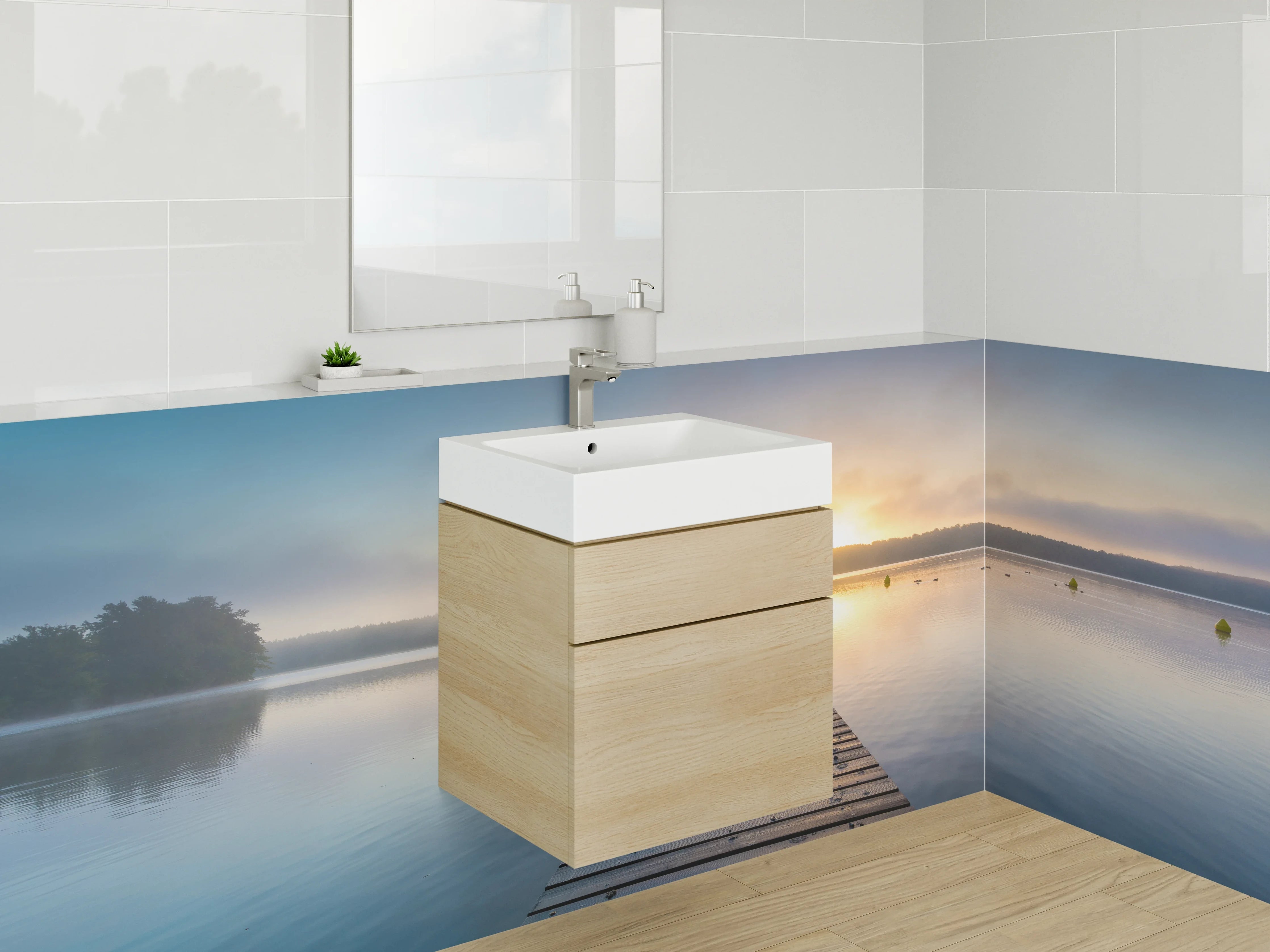 Waschbecken-Rückwand - Sonnenaufgang über ruhigem See mit Steg