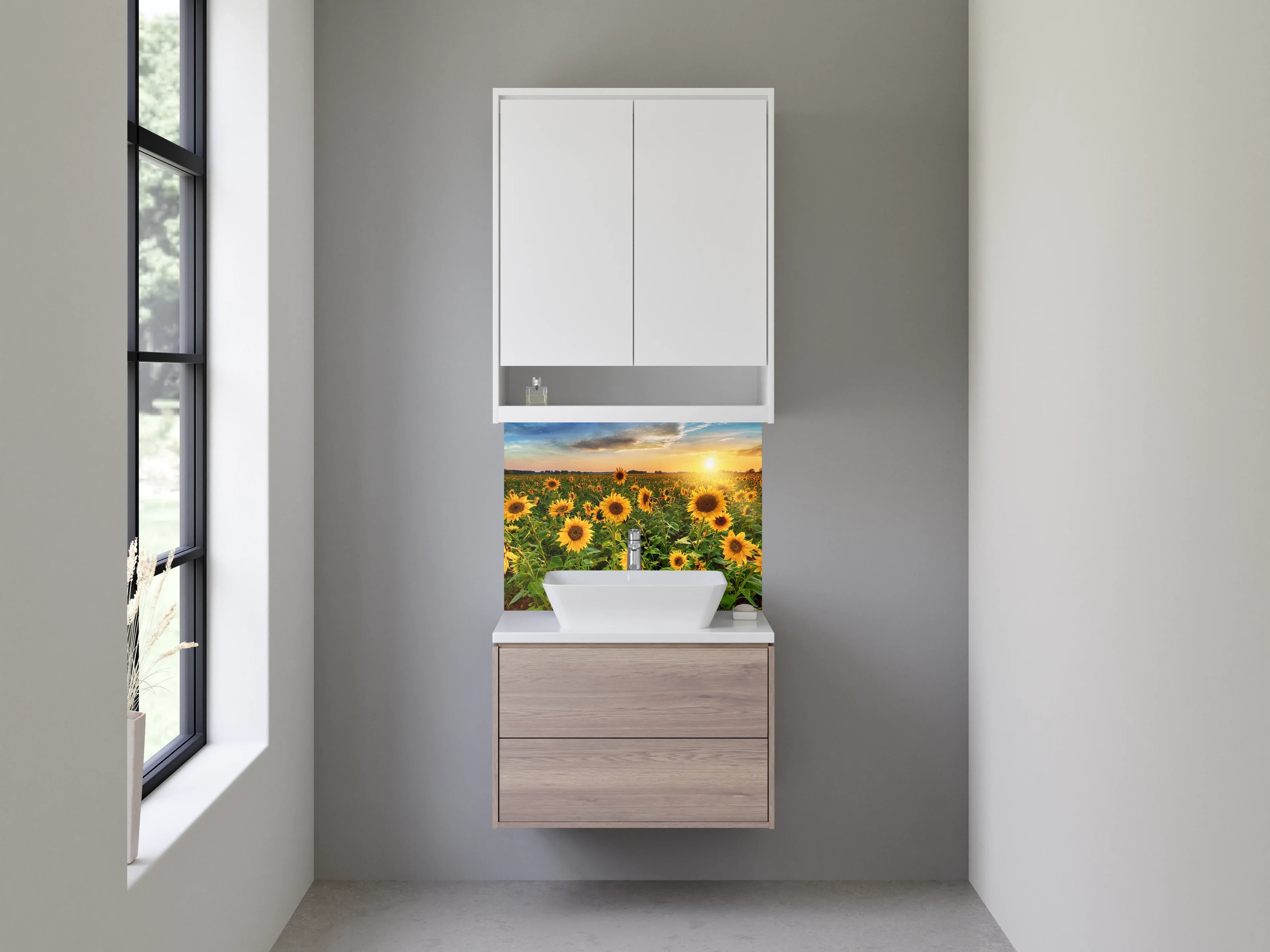 Waschbecken-Rückwand - Sonnenblumenfeld bei Sonnenuntergang