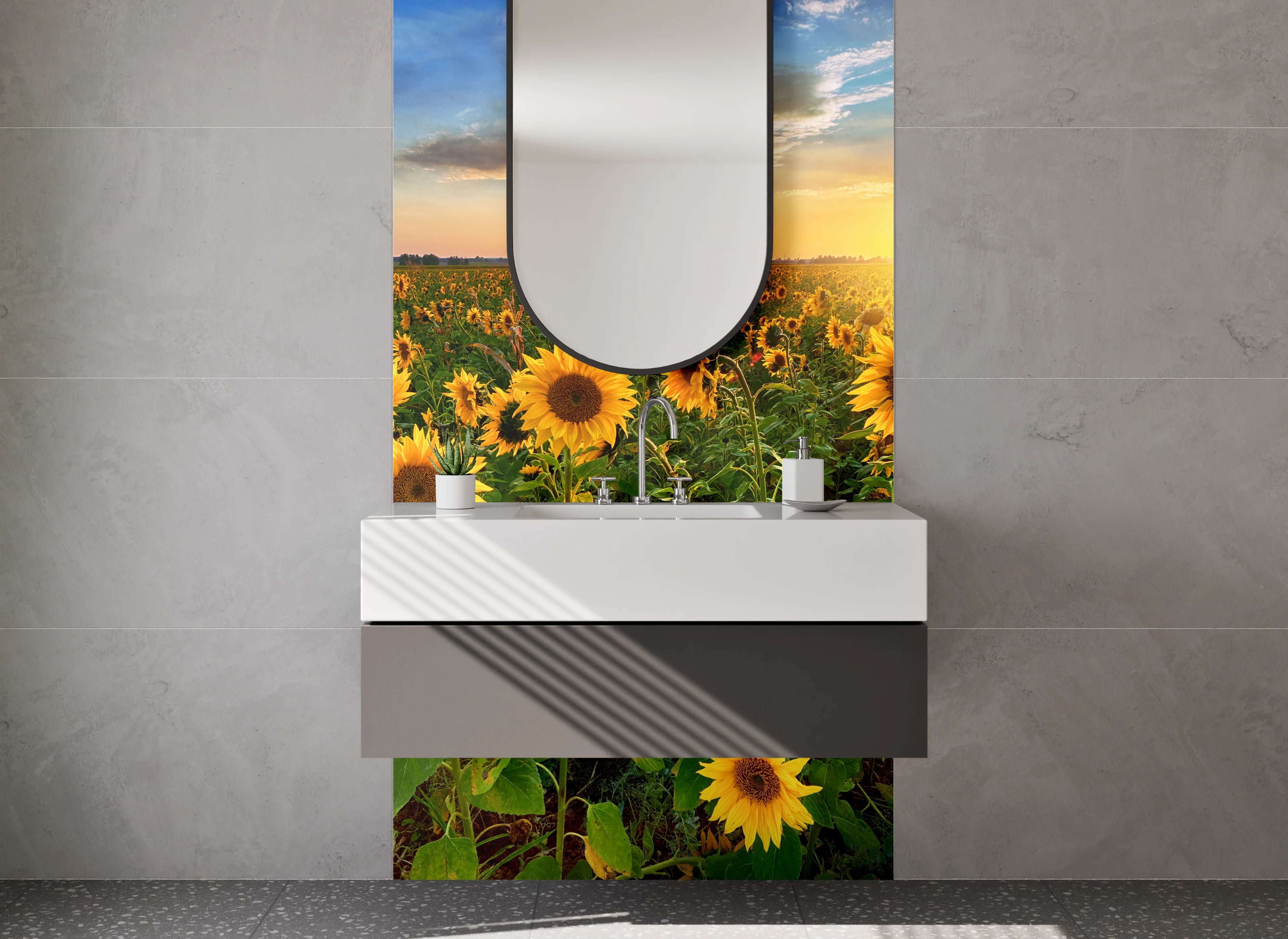 Waschbecken-Rückwand - Sonnenblumenfeld bei Sonnenuntergang
