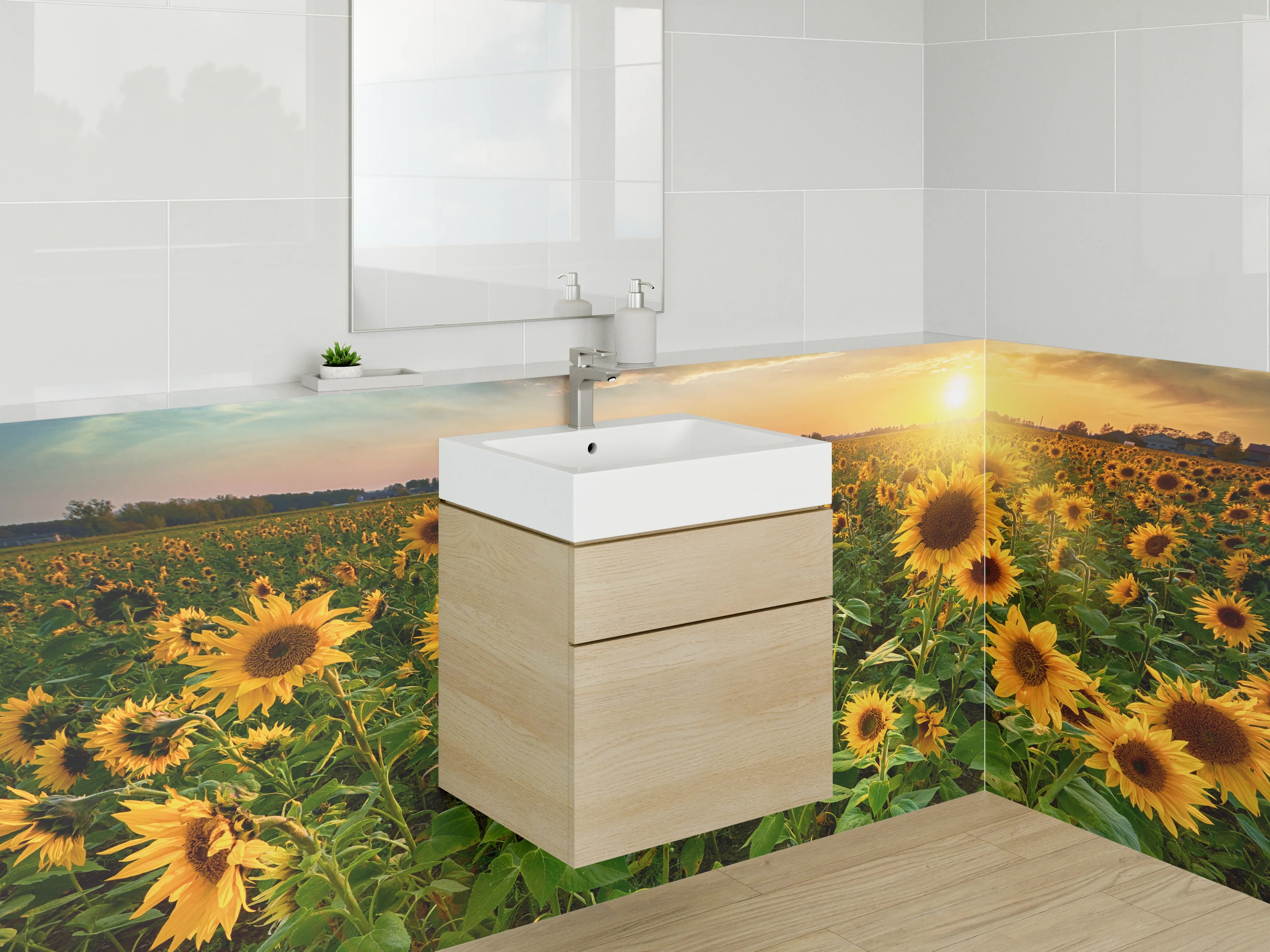 Waschbecken-Rückwand - Sonnenblumenfeld bei Sonnenuntergang