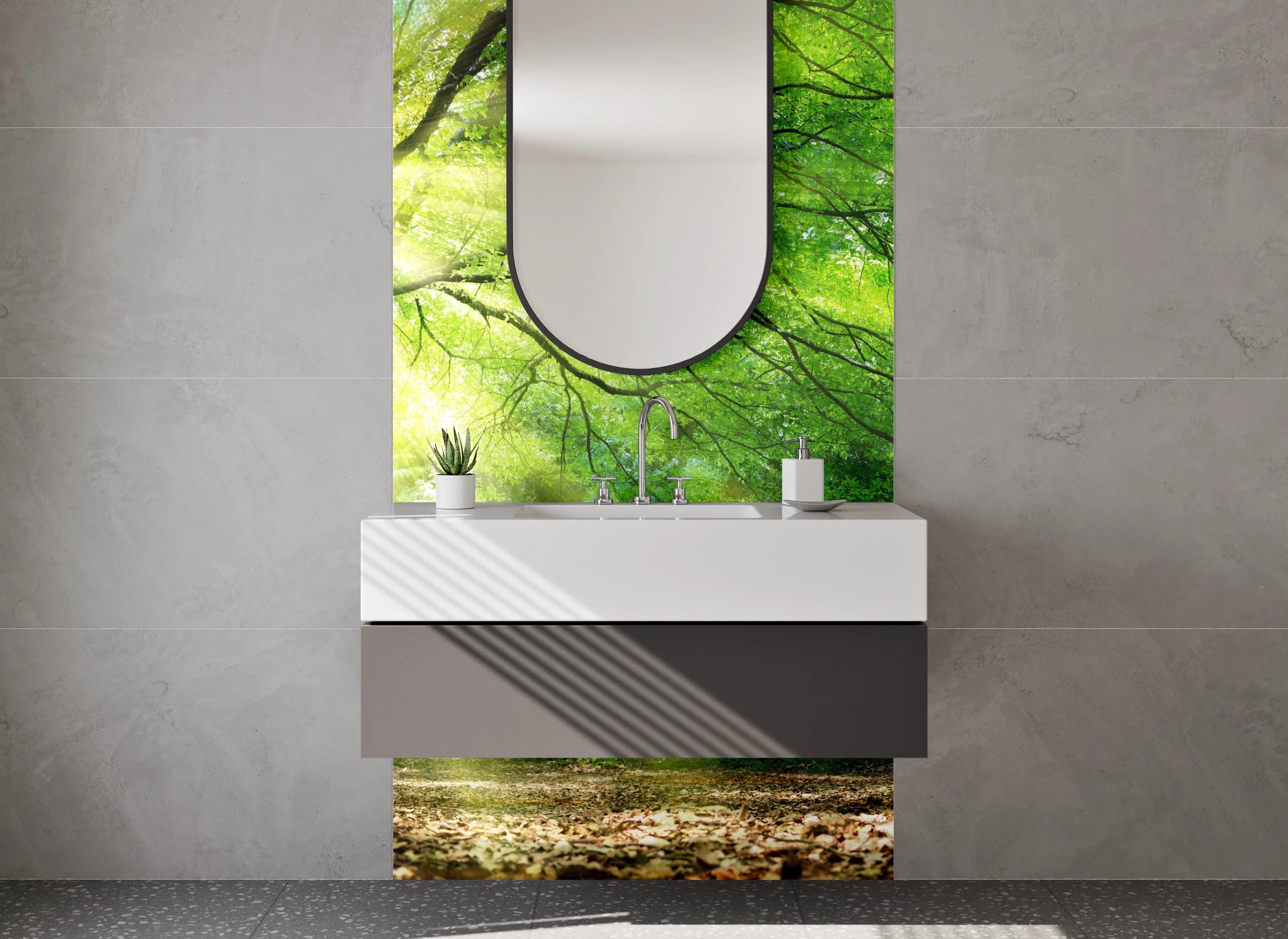 Waschbecken-Rückwand - Sonnenstrahlen im Frühlingswald Naturmotiv