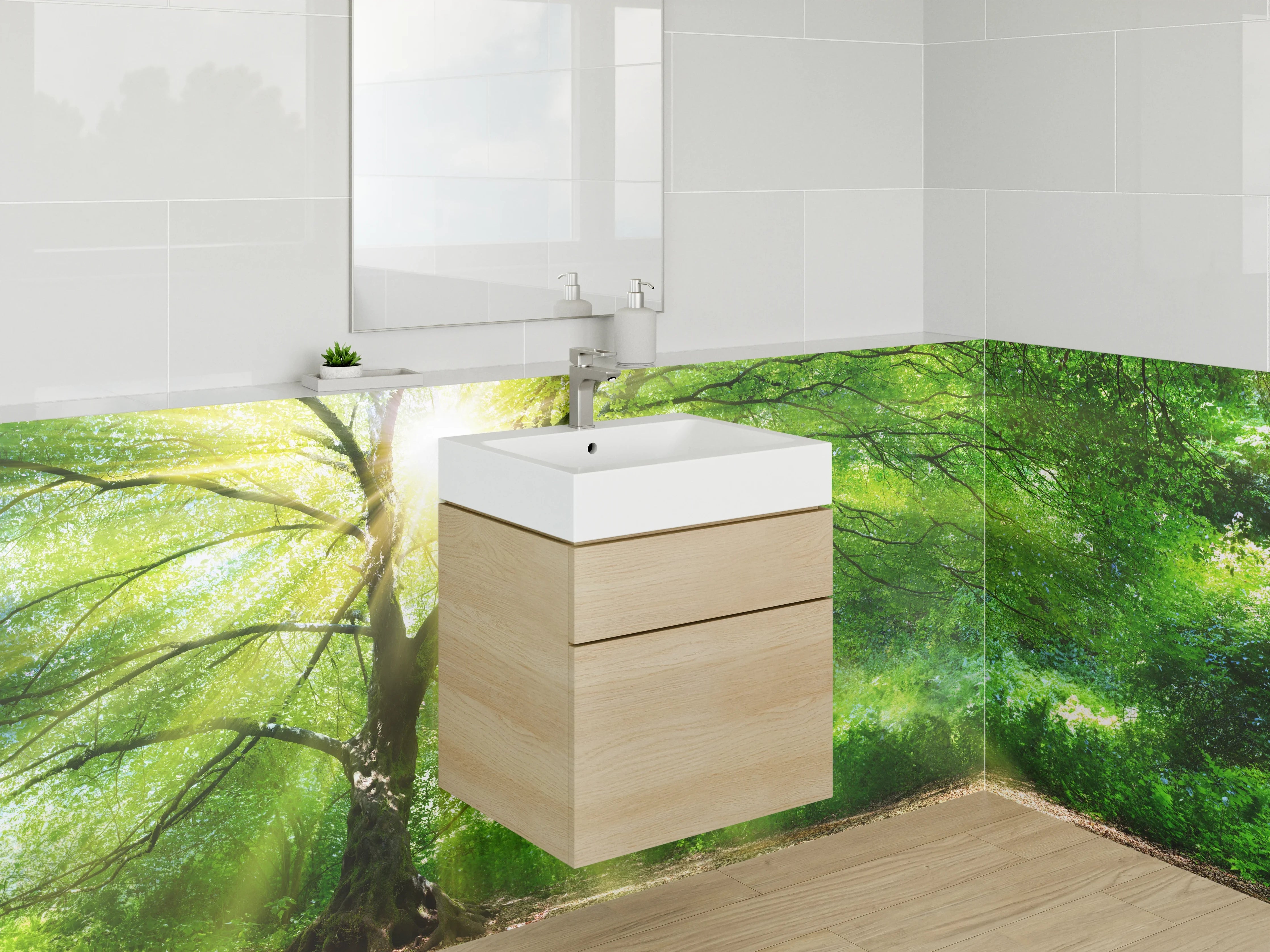 Waschbecken-Rückwand - Sonnenstrahlen im Frühlingswald Naturmotiv