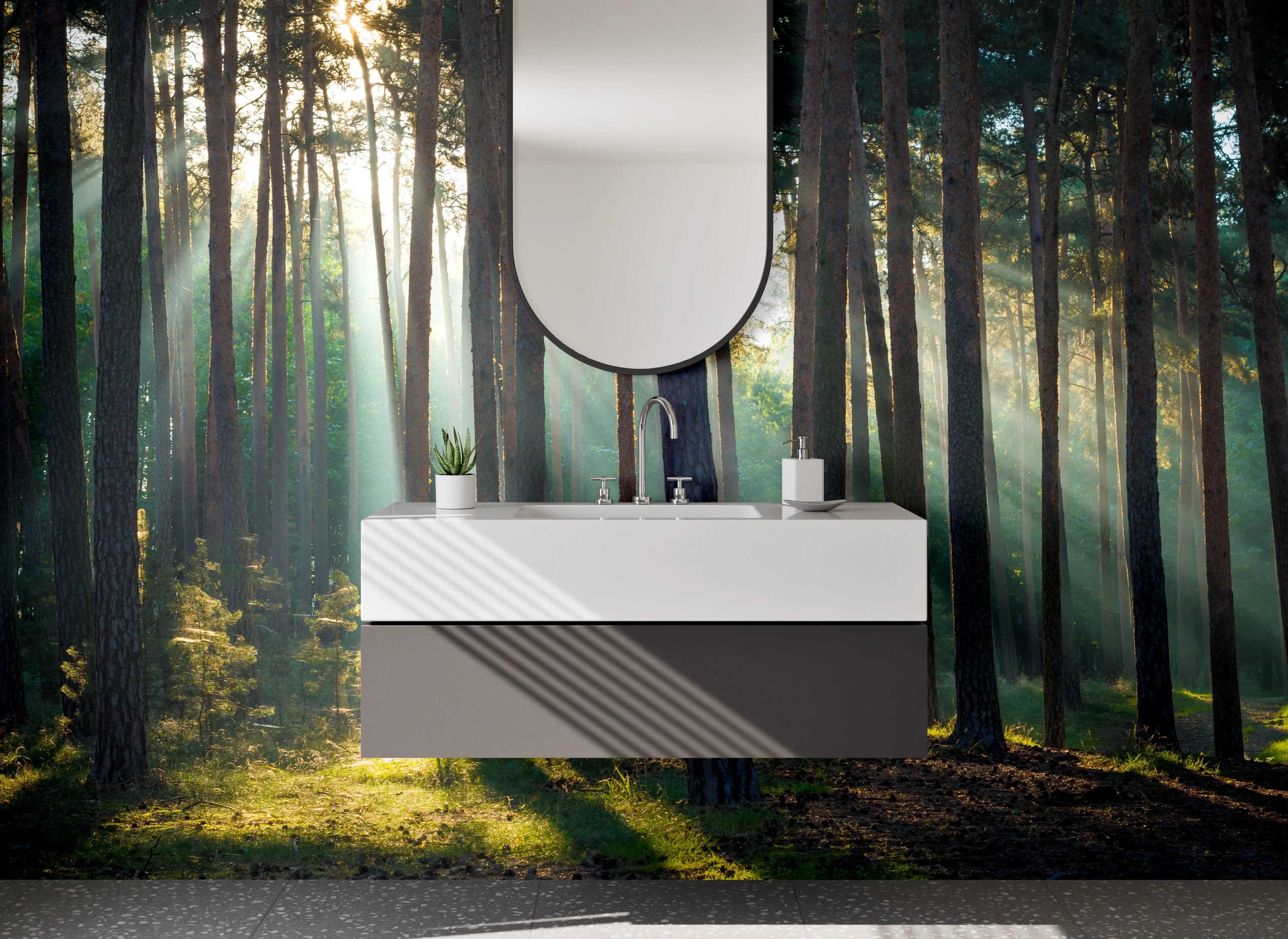 Waschbecken-Rückwand - Sonnenstrahlen im Wald – Naturidylle