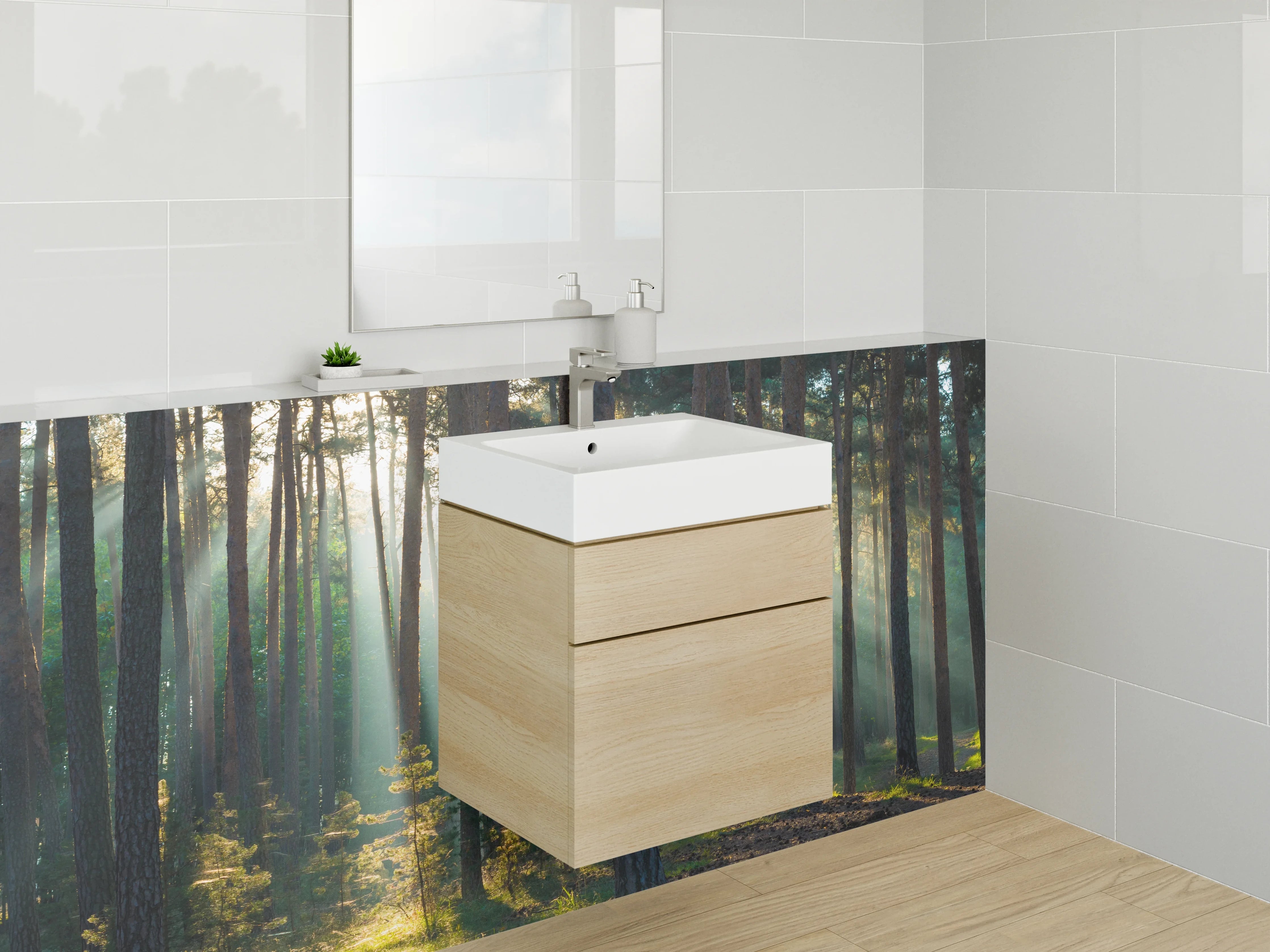 Waschbecken-Rückwand - Sonnenstrahlen im Wald – Naturidylle