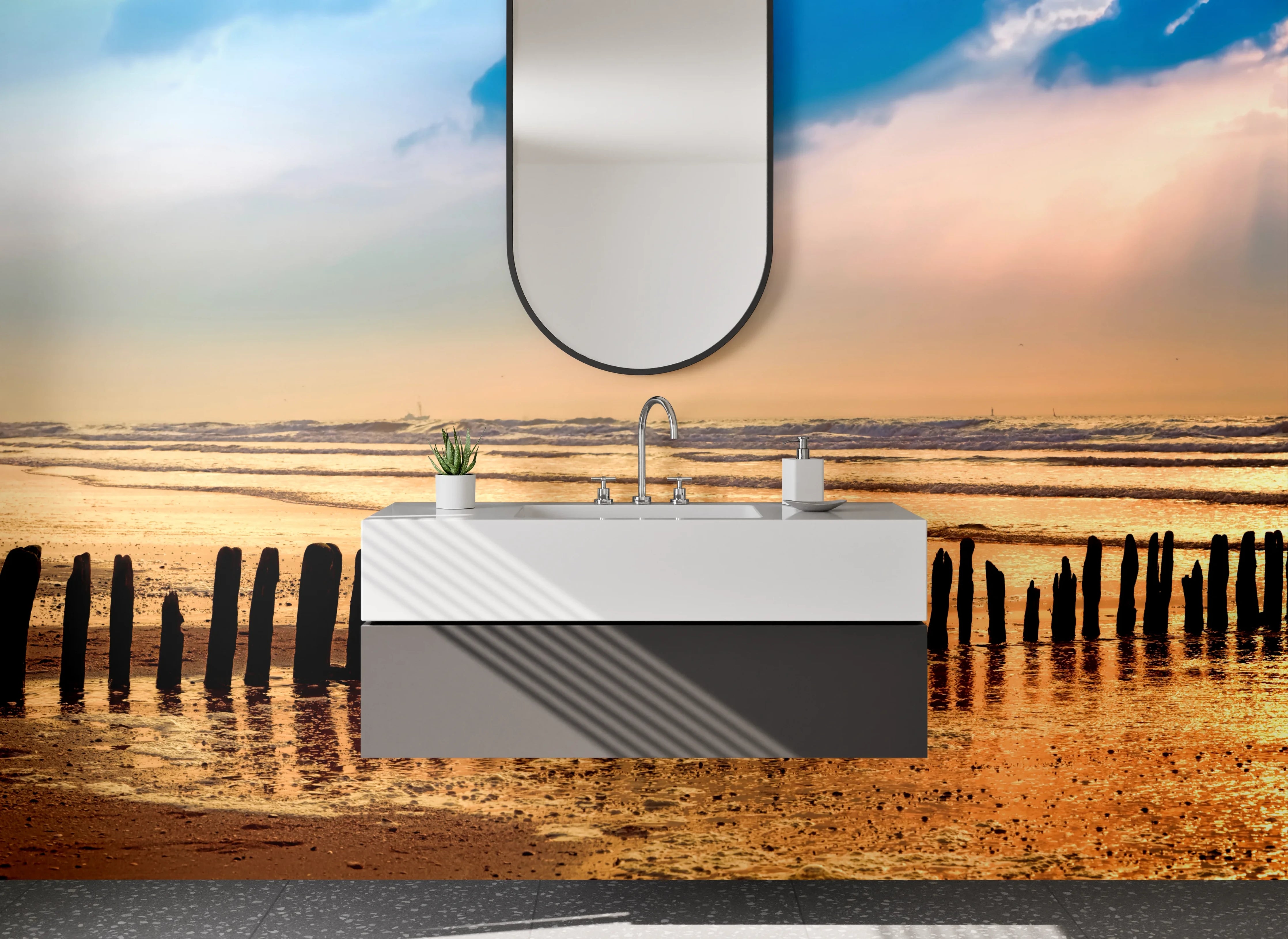 Waschbecken-Rückwand - Sonnenuntergang am Strand Panorama