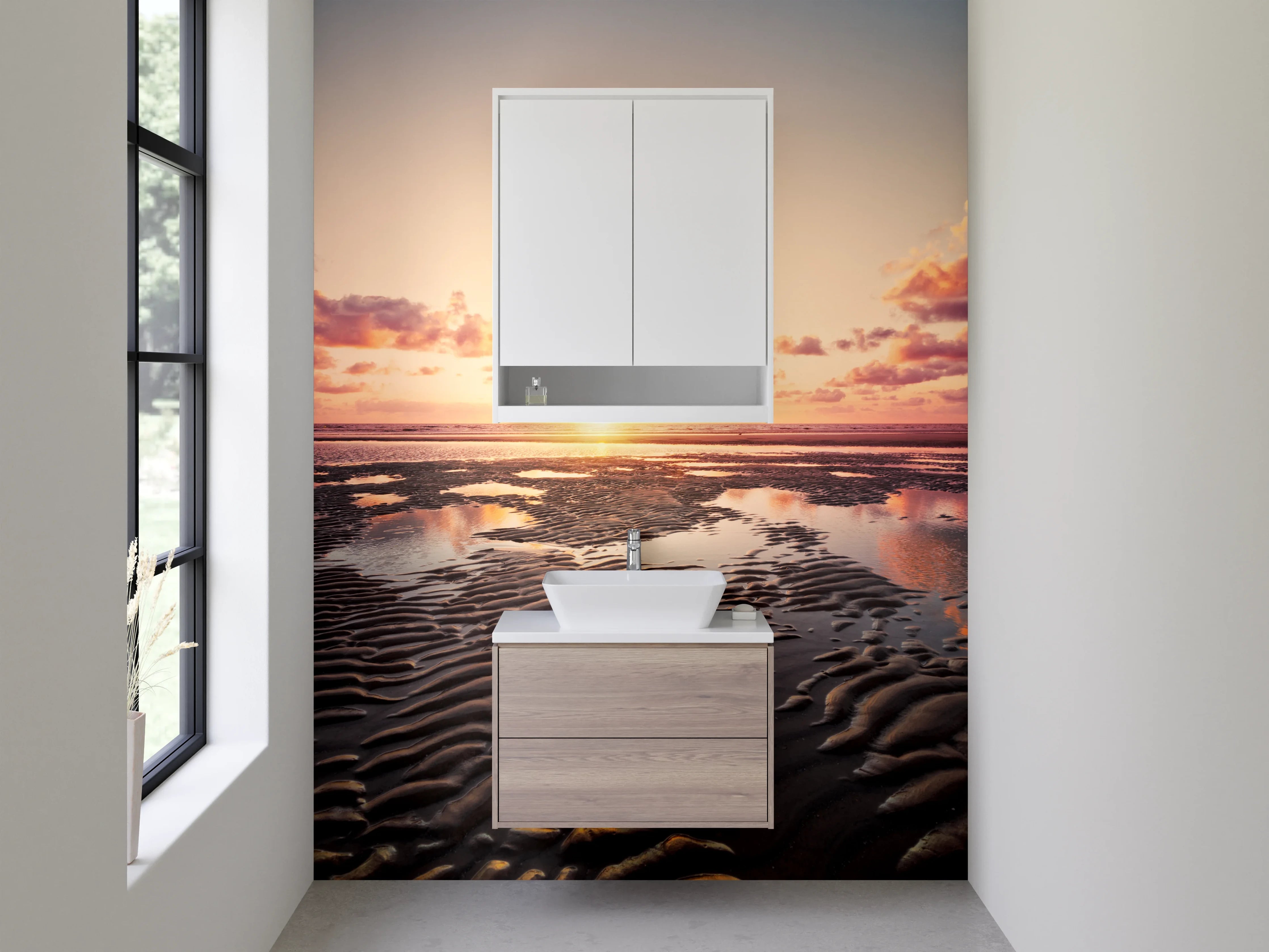 Waschbecken-Rückwand - Sonnenuntergang am Watt – Strandlandschaft