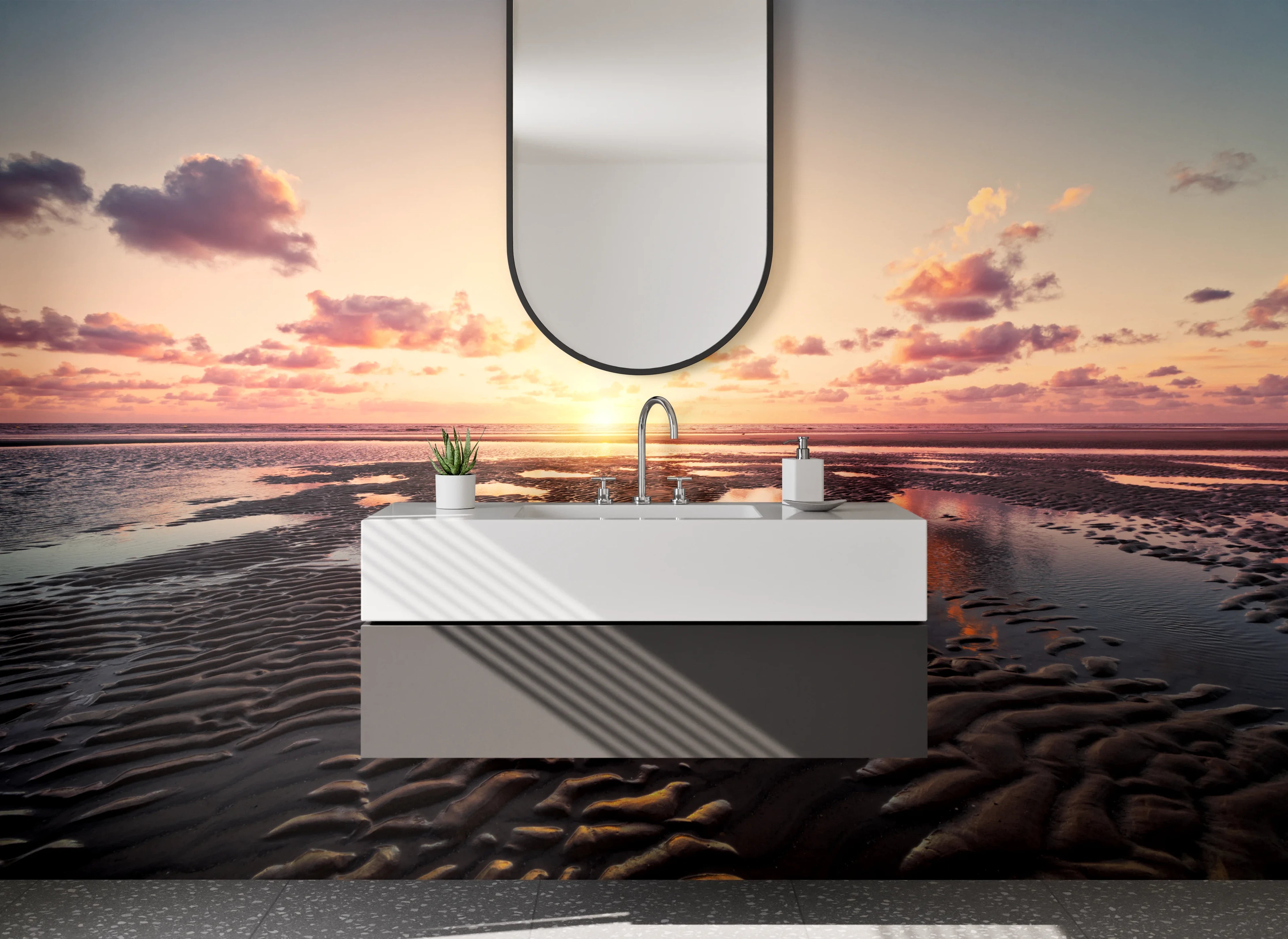 Waschbecken-Rückwand - Sonnenuntergang am Watt – Strandlandschaft