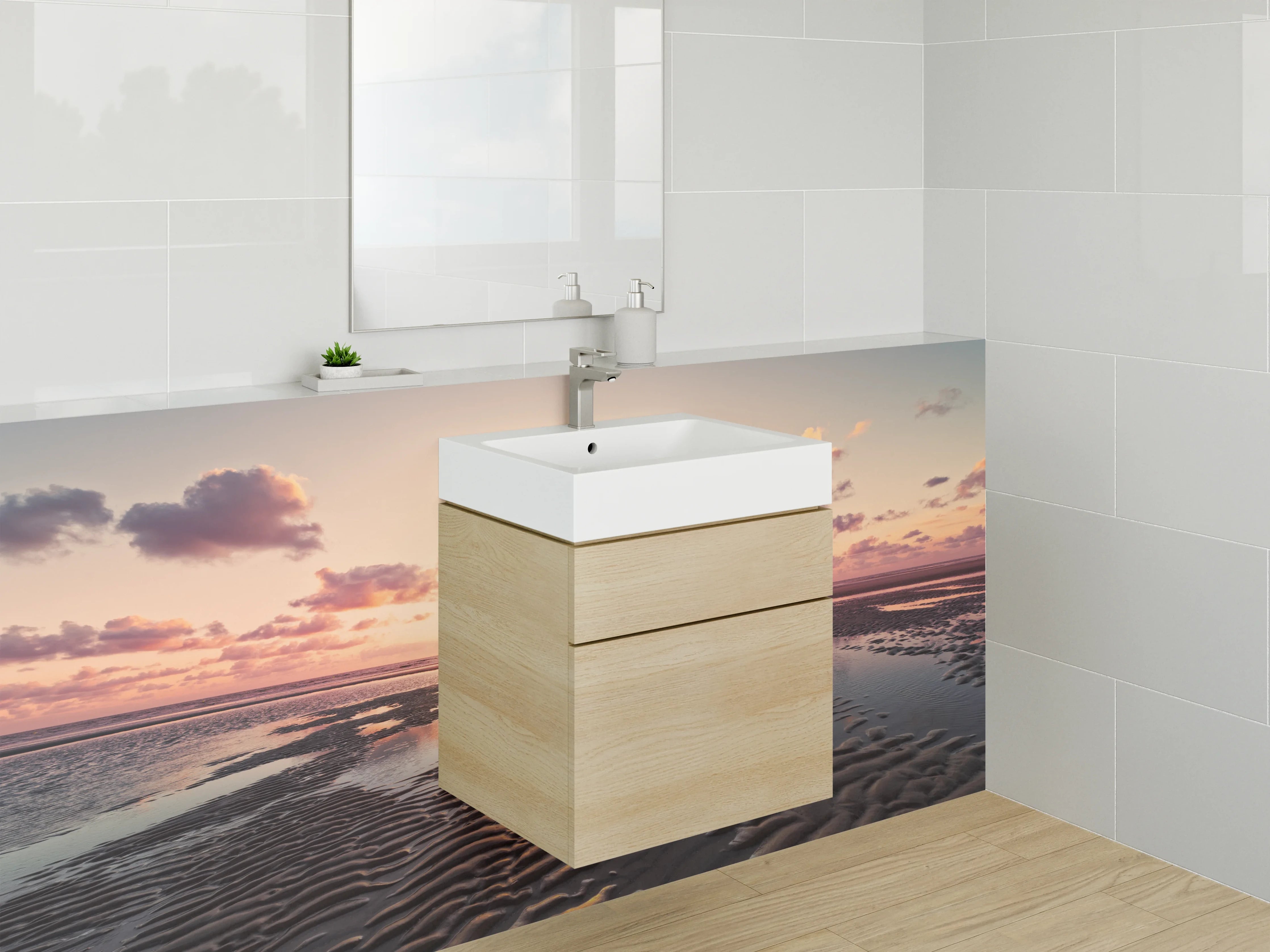 Waschbecken-Rückwand - Sonnenuntergang am Watt – Strandlandschaft