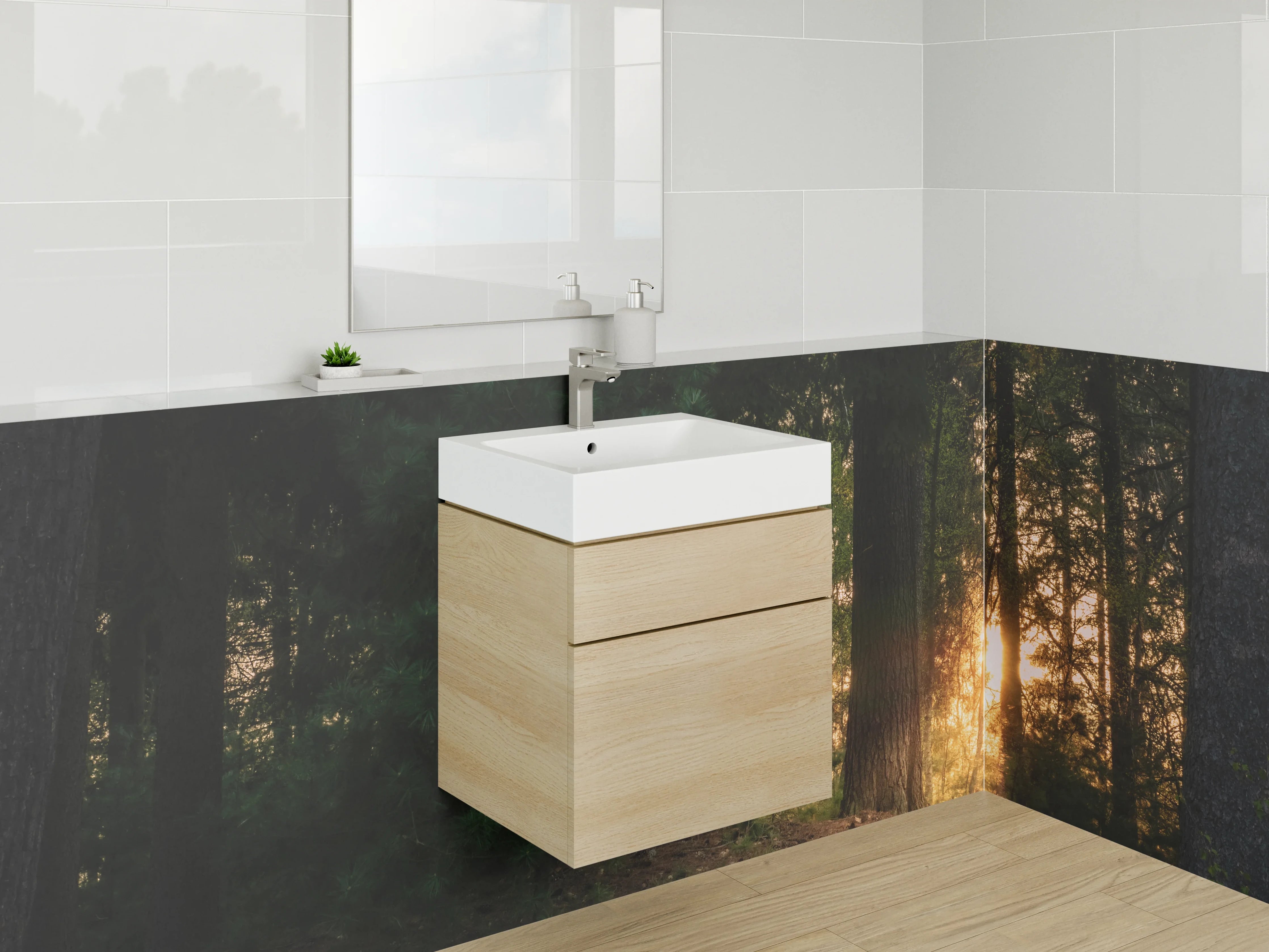 Waschbecken-Rückwand - Sonnenuntergang im Wald mit Bank