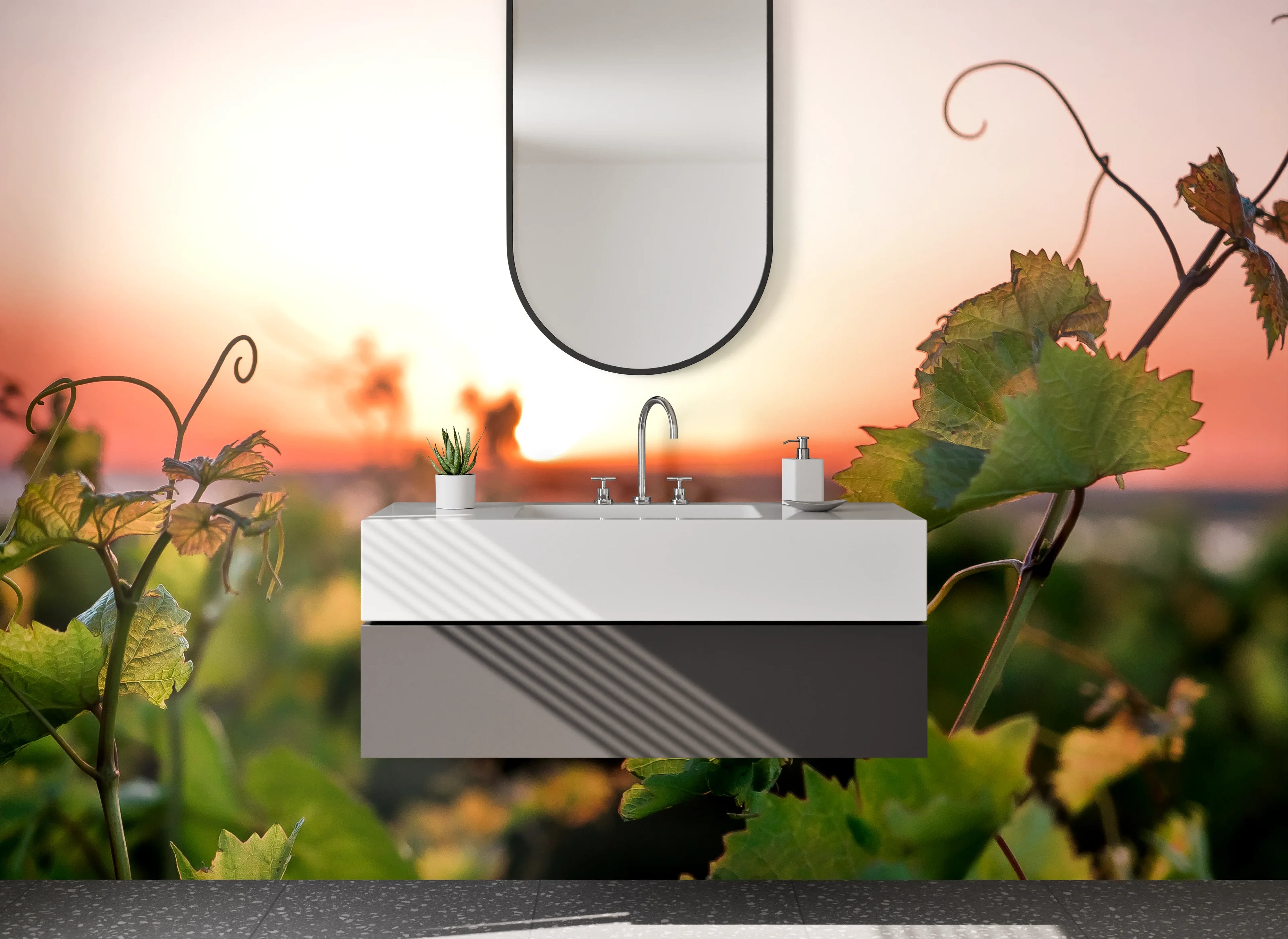 Waschbecken-Rückwand - Sonnenuntergang im Weinberg Naturmotiv