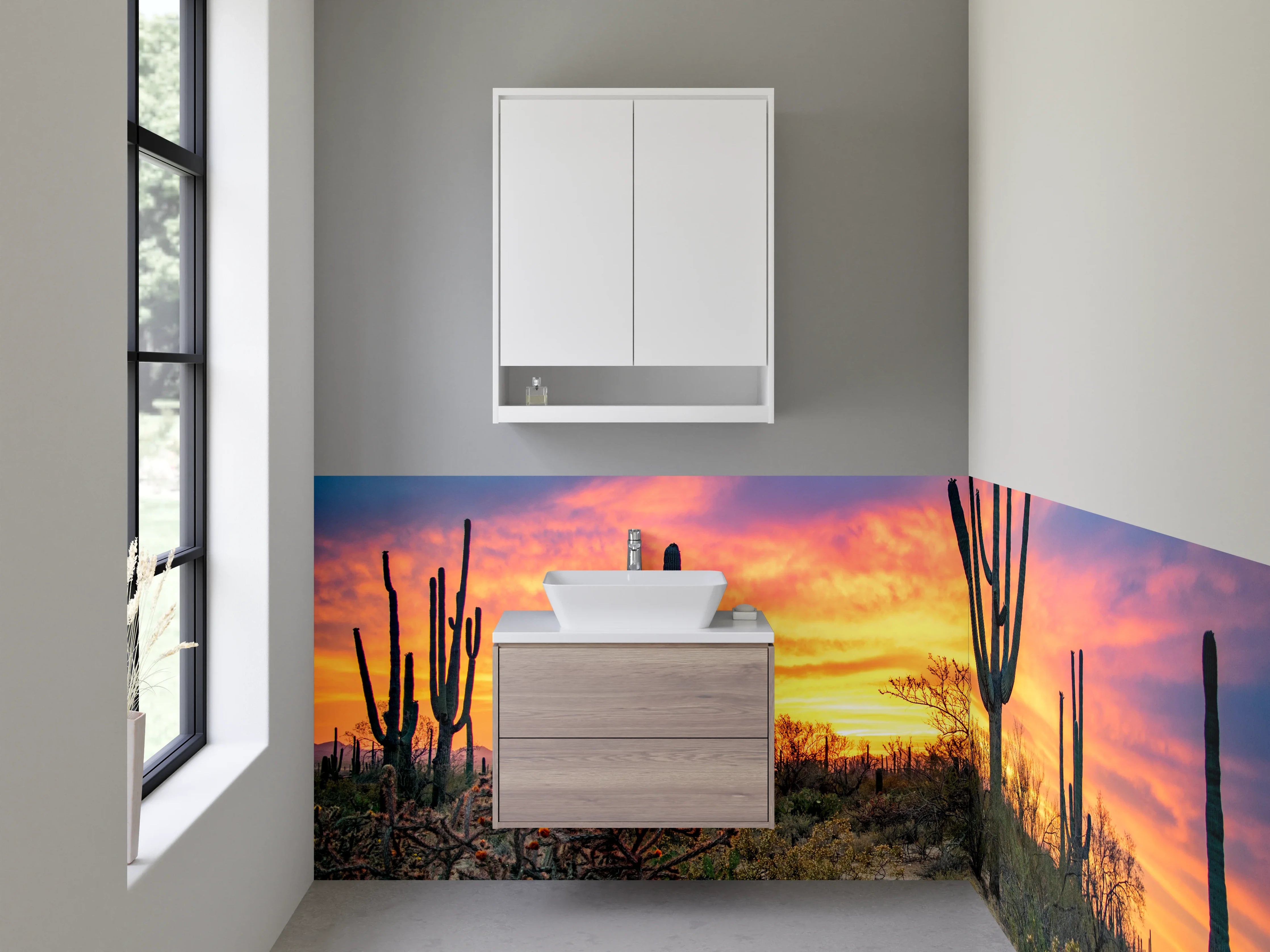 Waschbecken-Rückwand - Sonnenuntergang in der Kakteenwüste