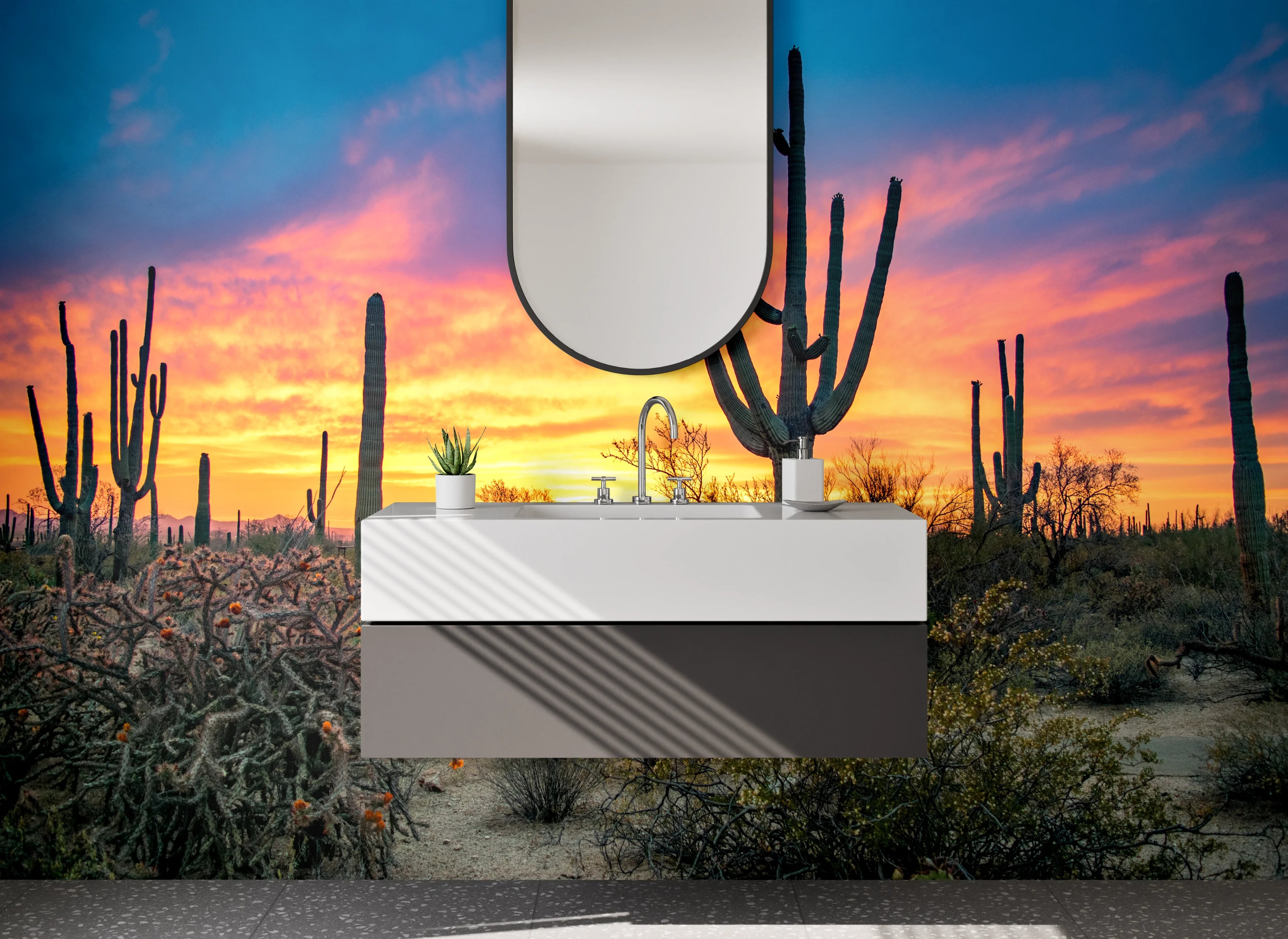 Waschbecken-Rückwand - Sonnenuntergang in der Kakteenwüste