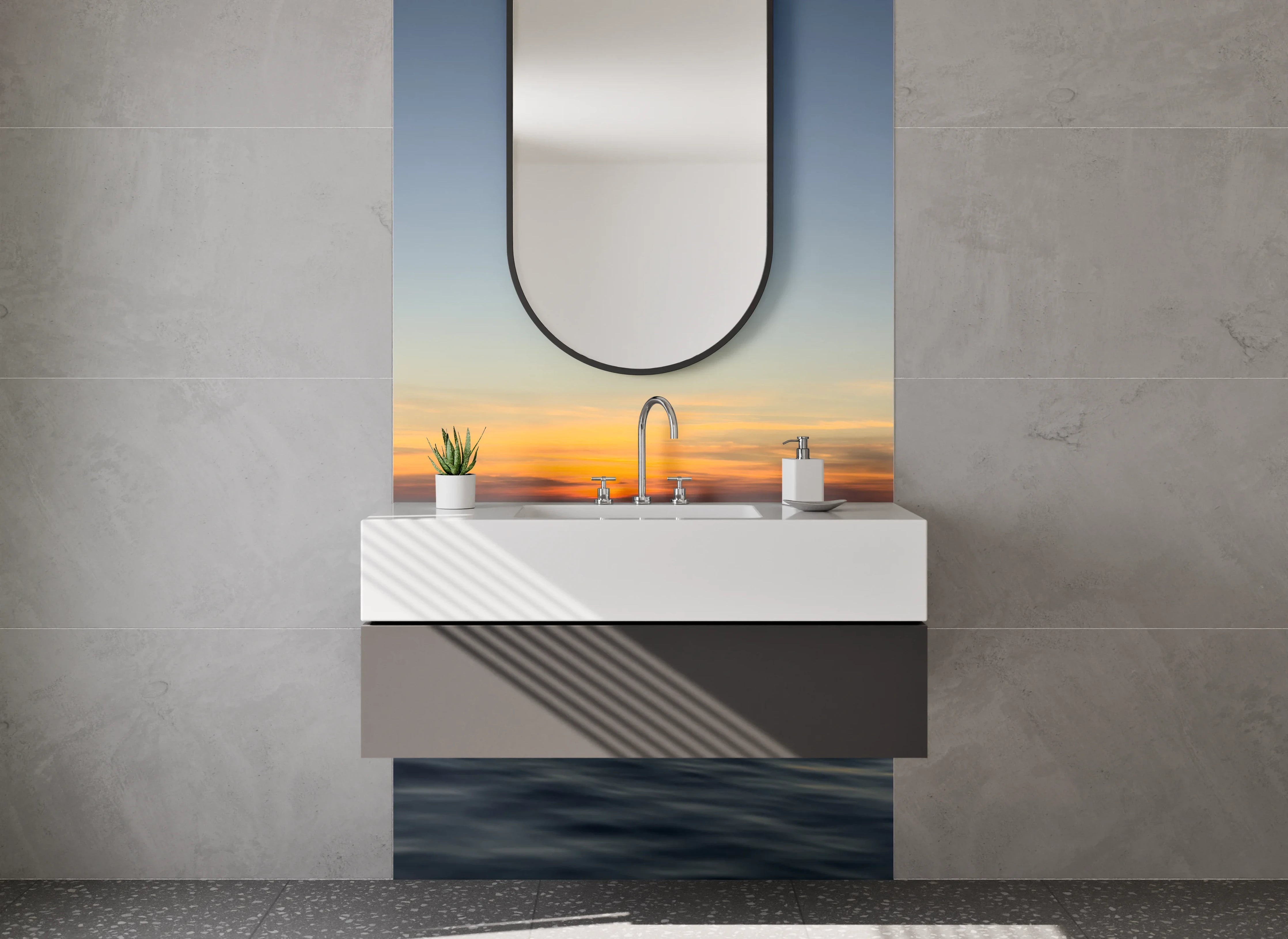 Waschbecken-Rückwand - Sonnenuntergang über dem Meer Panorama