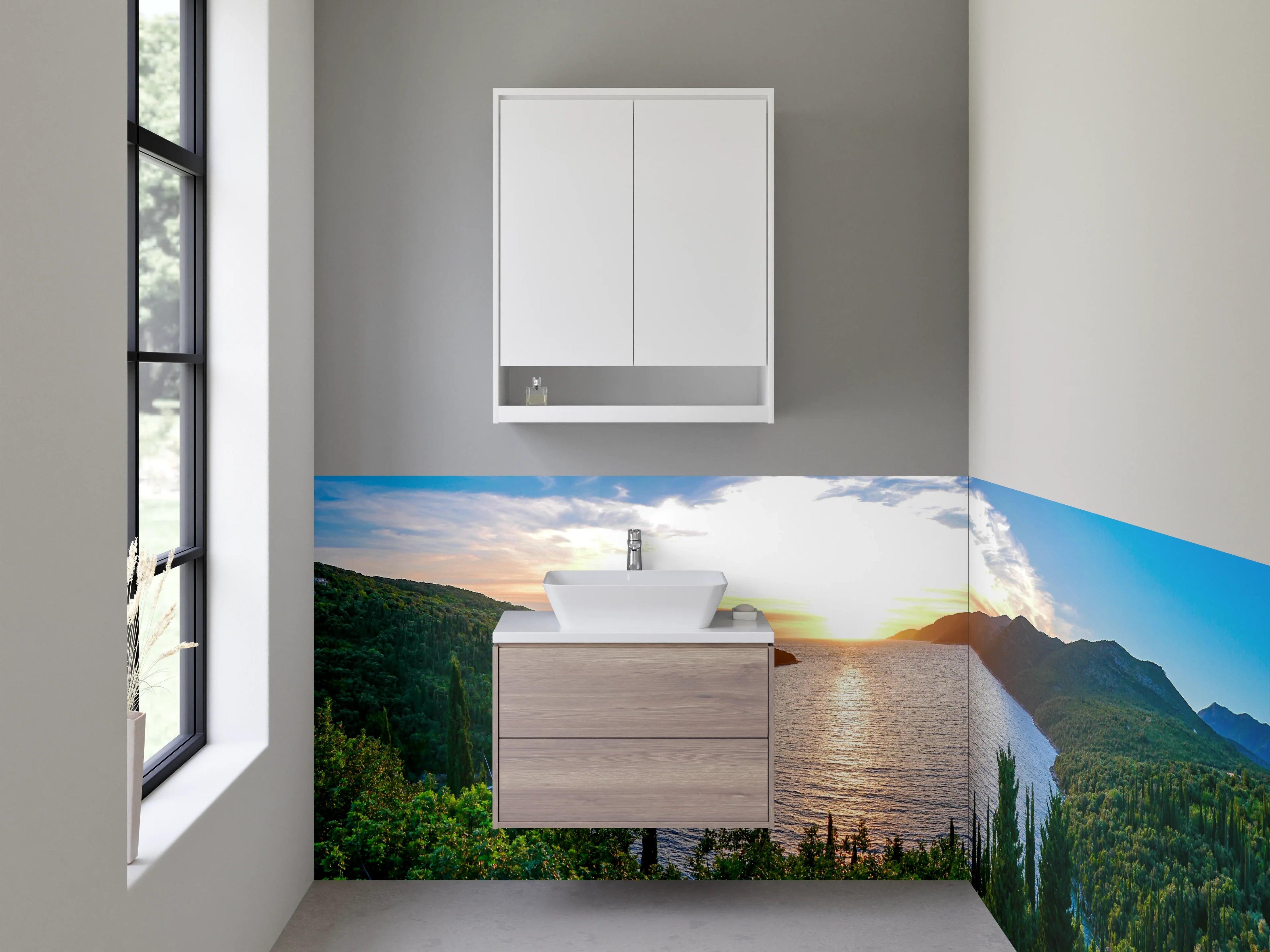 Waschbecken-Rückwand - Sonnenuntergang über dem See mit grünen Hügeln