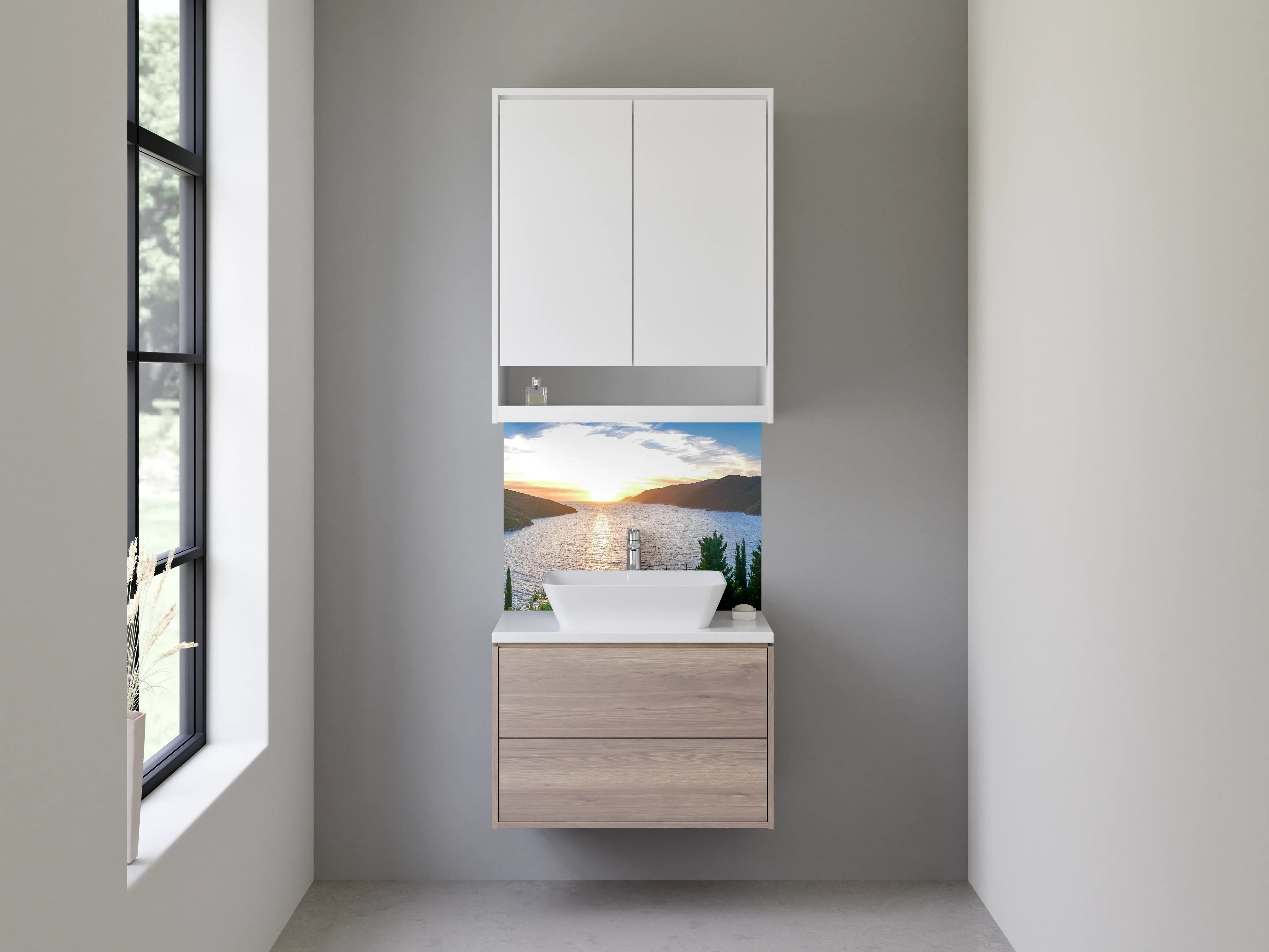 Waschbecken-Rückwand - Sonnenuntergang über dem See mit grünen Hügeln