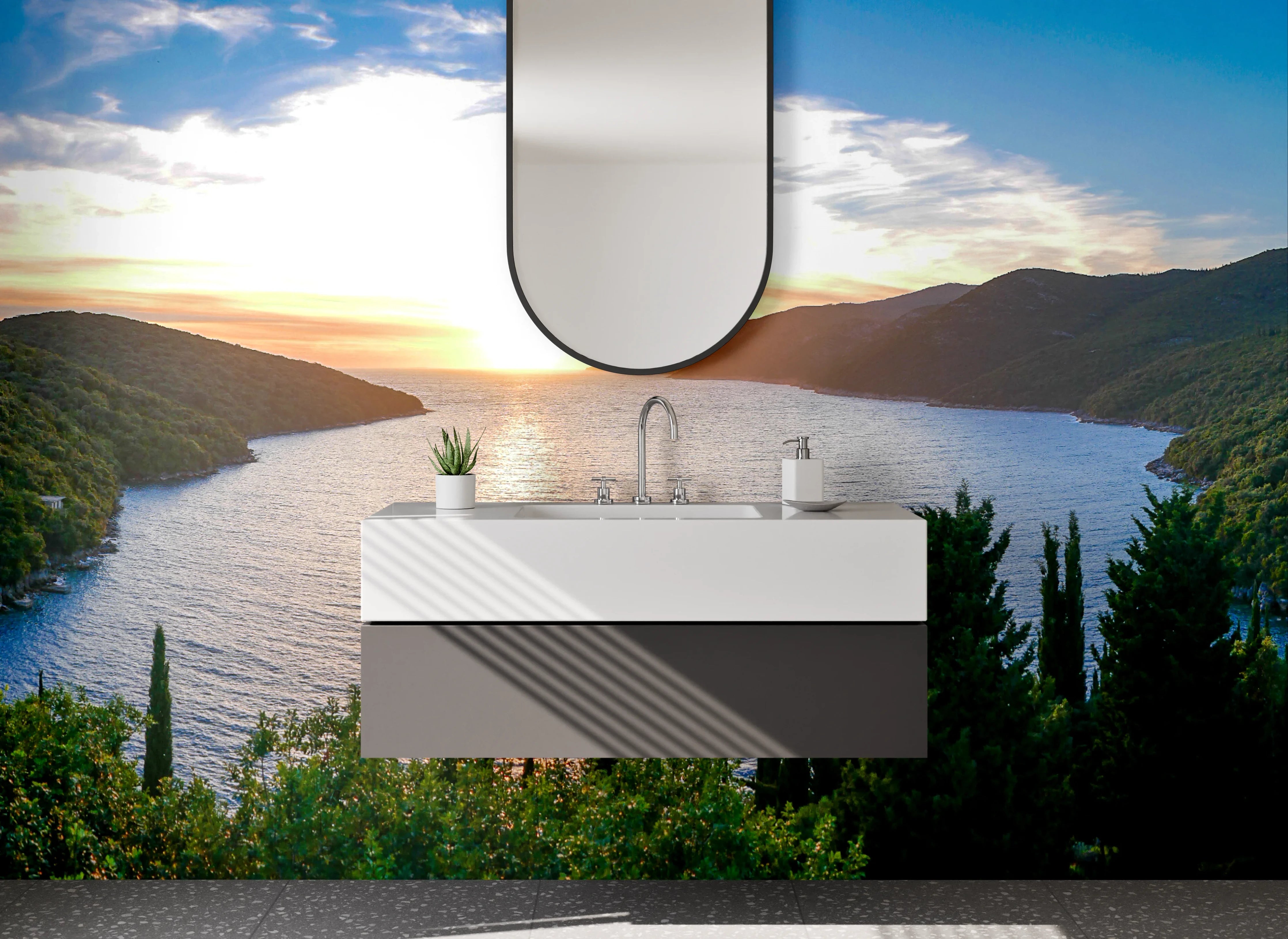 Waschbecken-Rückwand - Sonnenuntergang über dem See mit grünen Hügeln