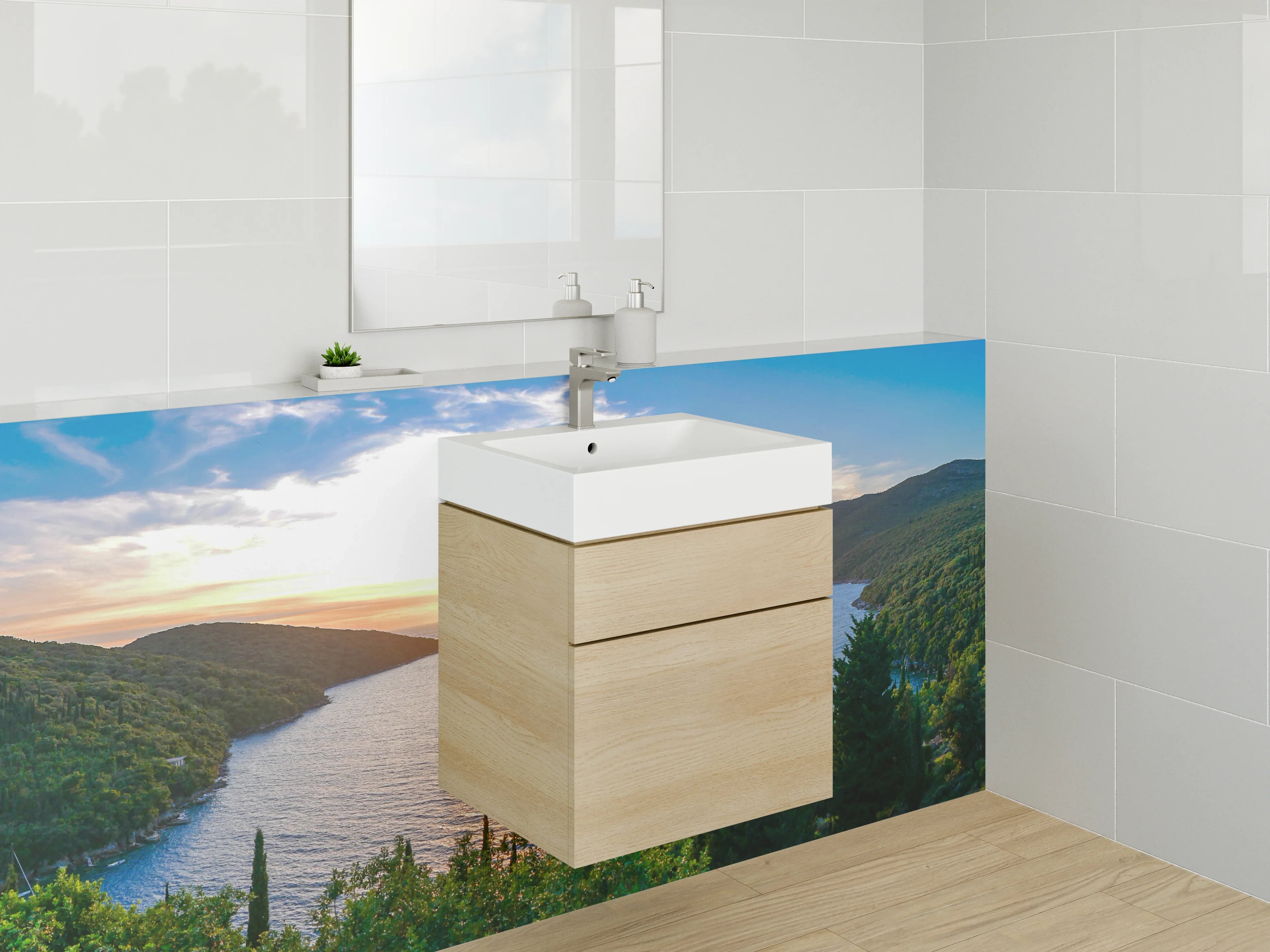 Waschbecken-Rückwand - Sonnenuntergang über dem See mit grünen Hügeln