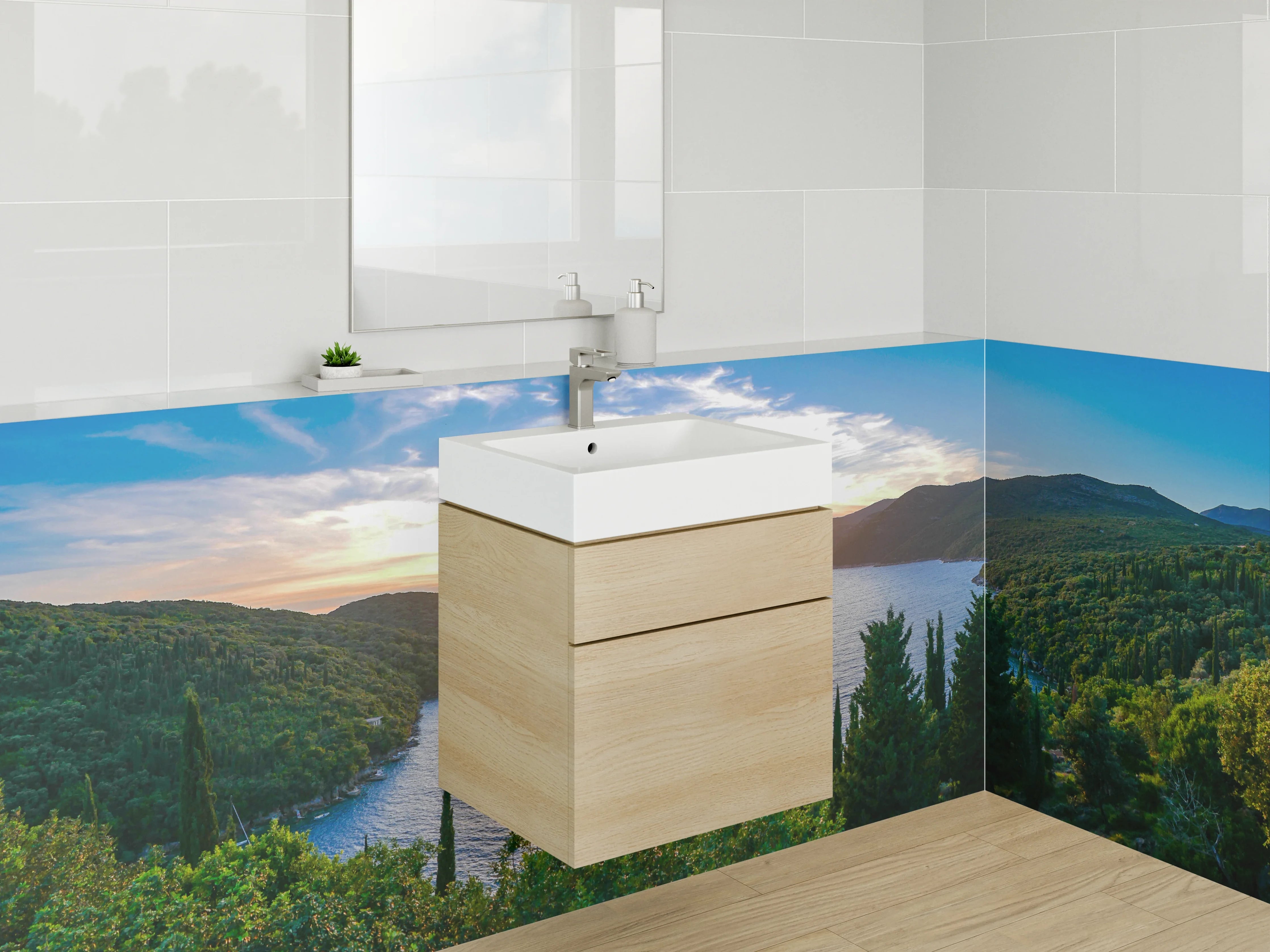 Waschbecken-Rückwand - Sonnenuntergang über dem See mit grünen Hügeln