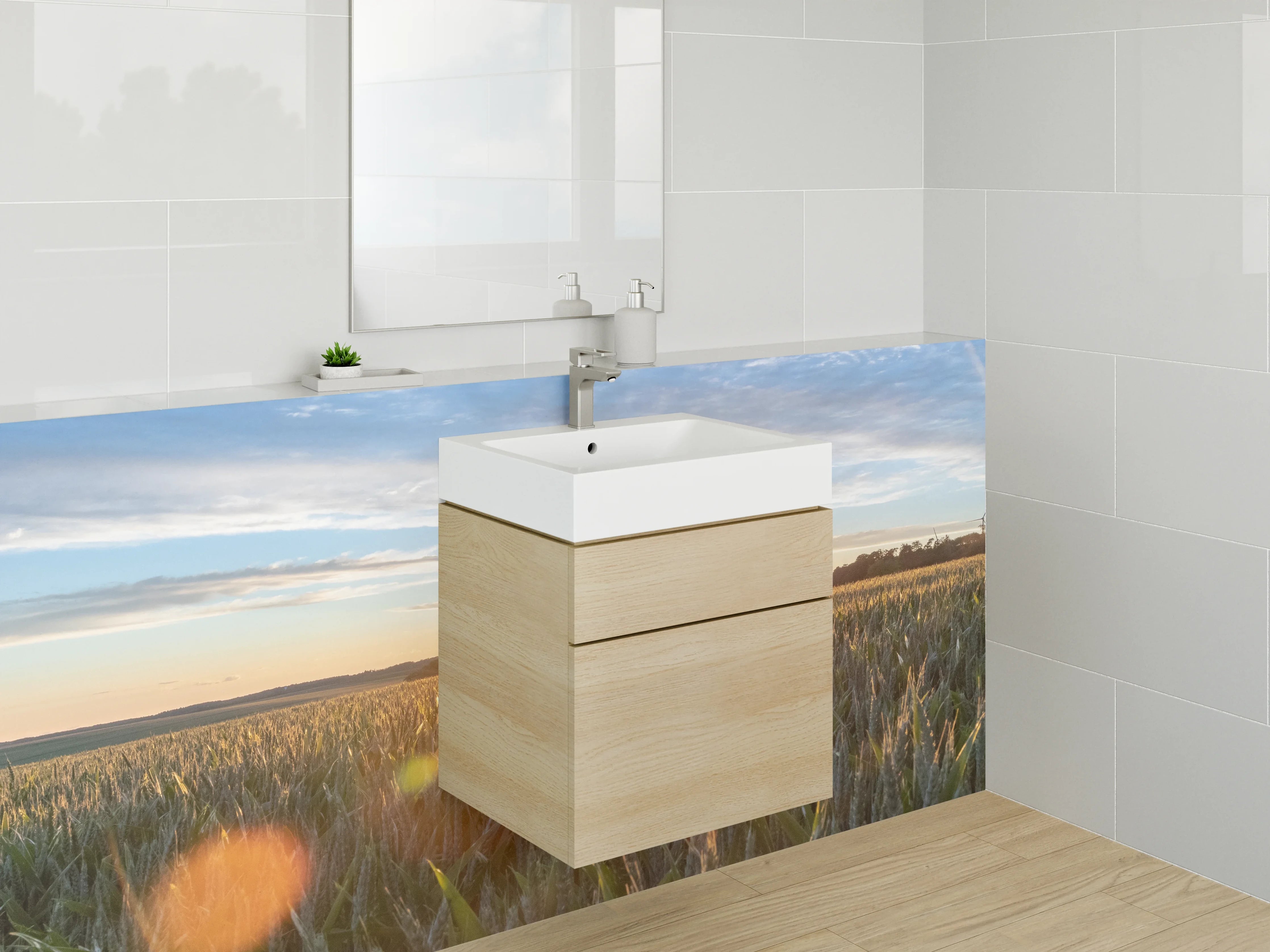 Waschbecken-Rückwand - Sonnenuntergang über einem Weizenfeld