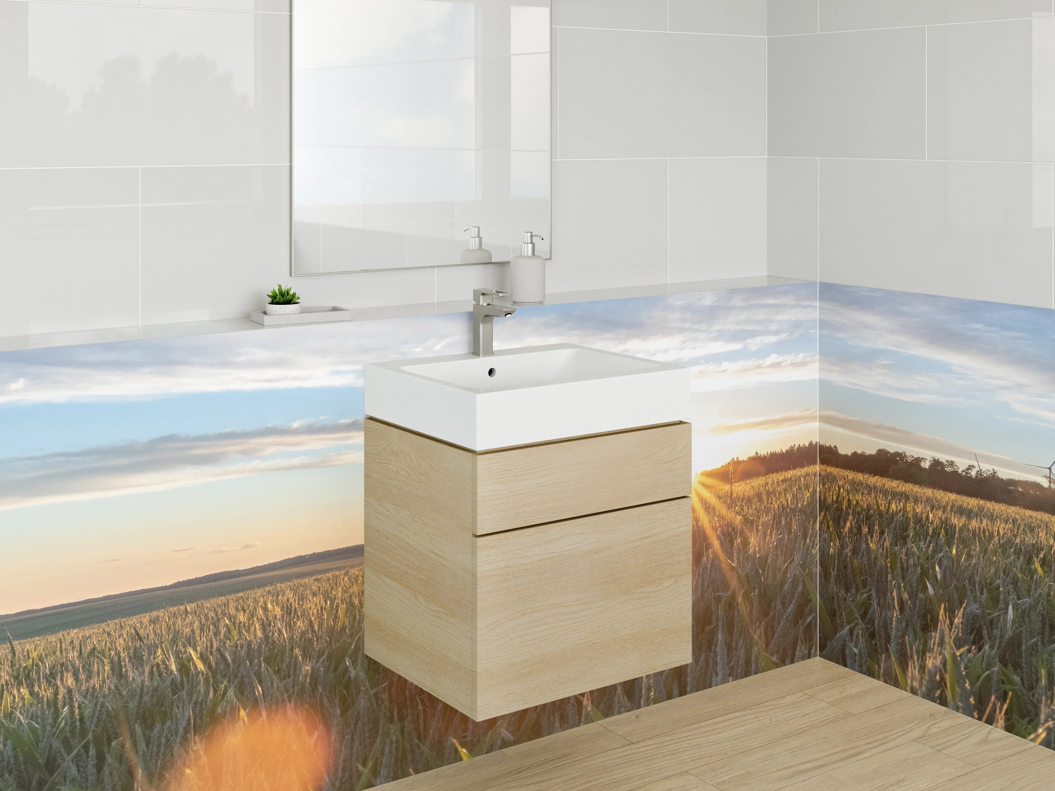 Waschbecken-Rückwand - Sonnenuntergang über einem Weizenfeld