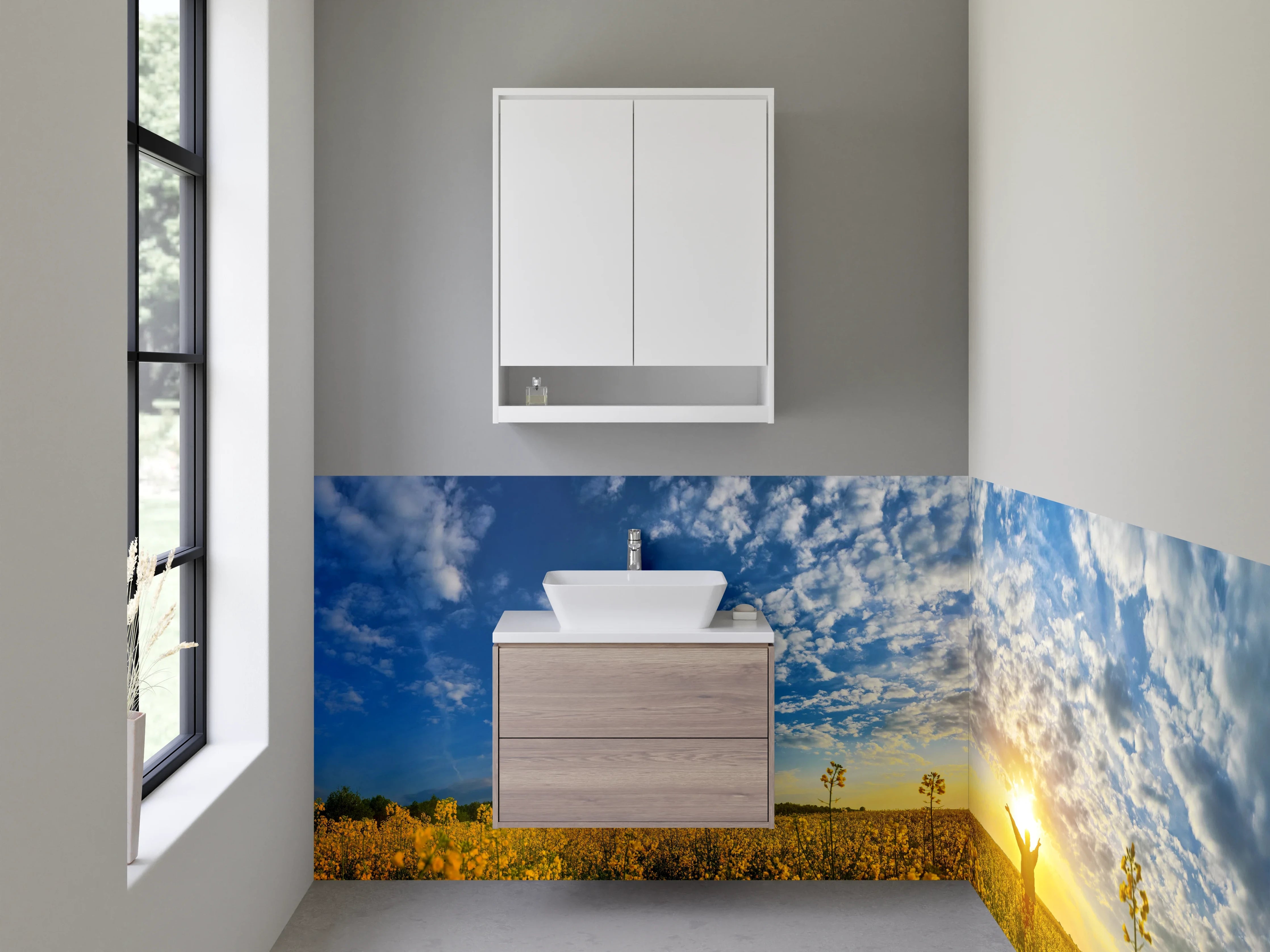 Waschbecken-Rückwand - Sonnenuntergang über einem blühenden Feld