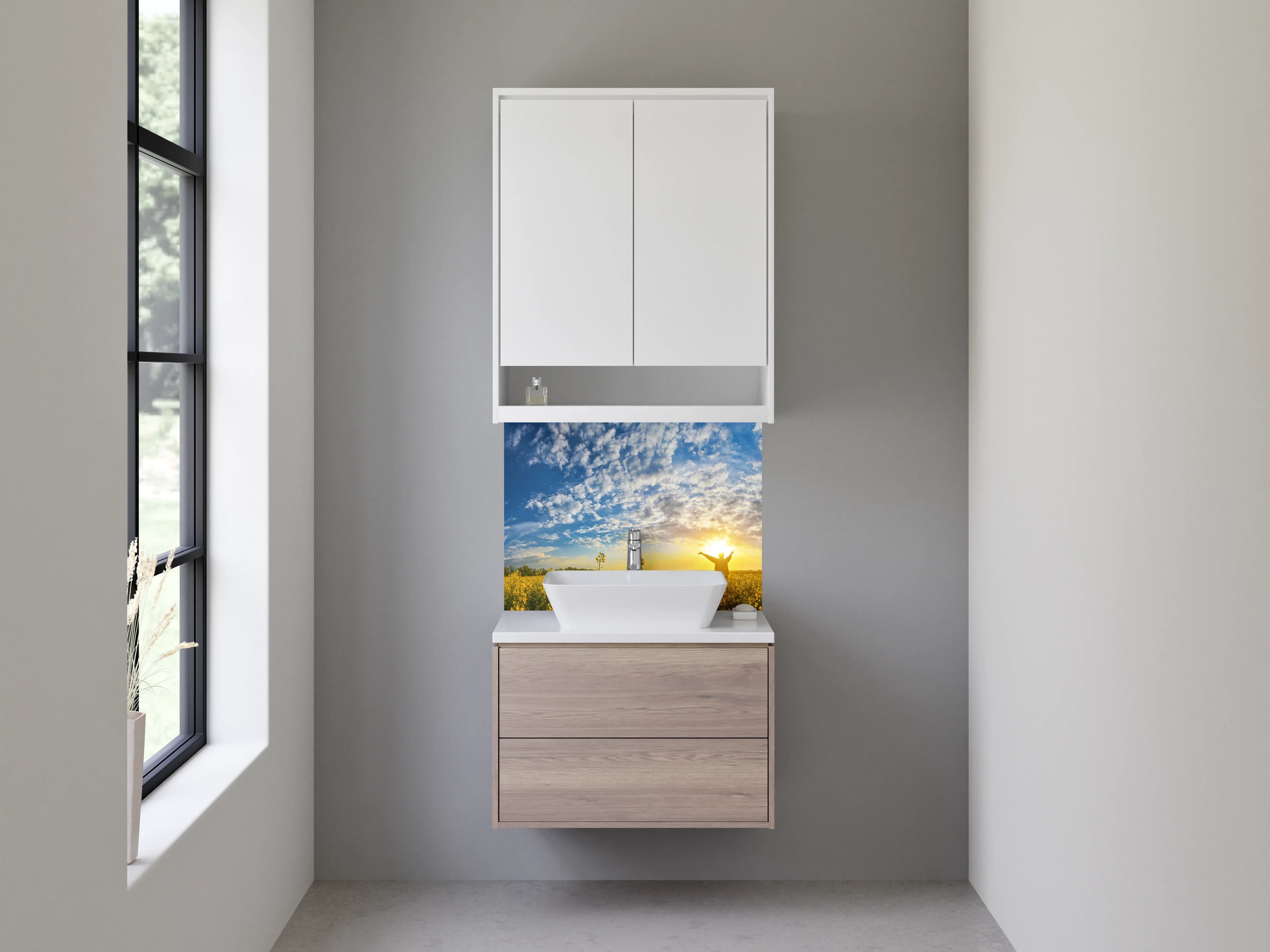 Waschbecken-Rückwand - Sonnenuntergang über einem blühenden Feld