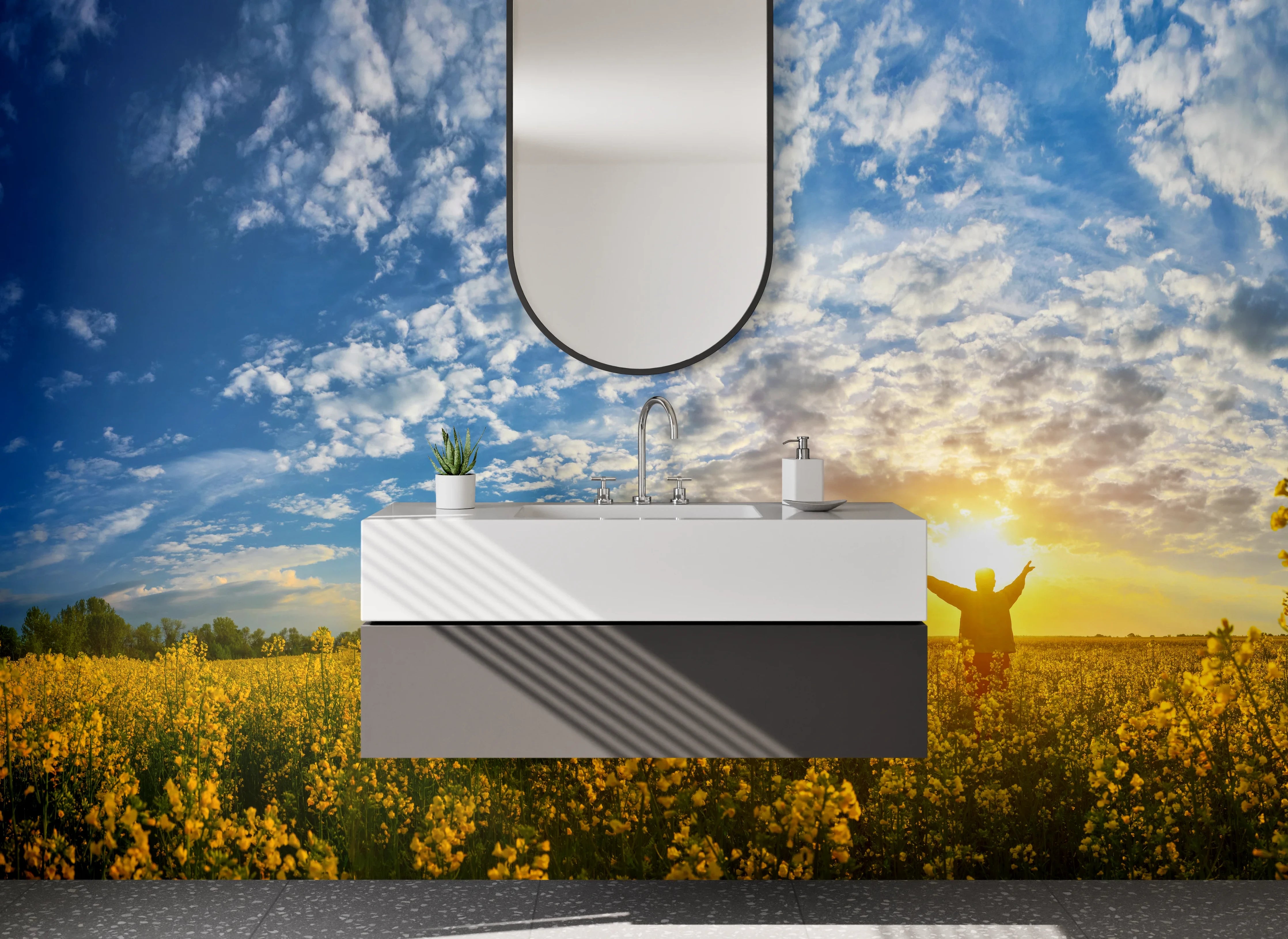 Waschbecken-Rückwand - Sonnenuntergang über einem blühenden Feld