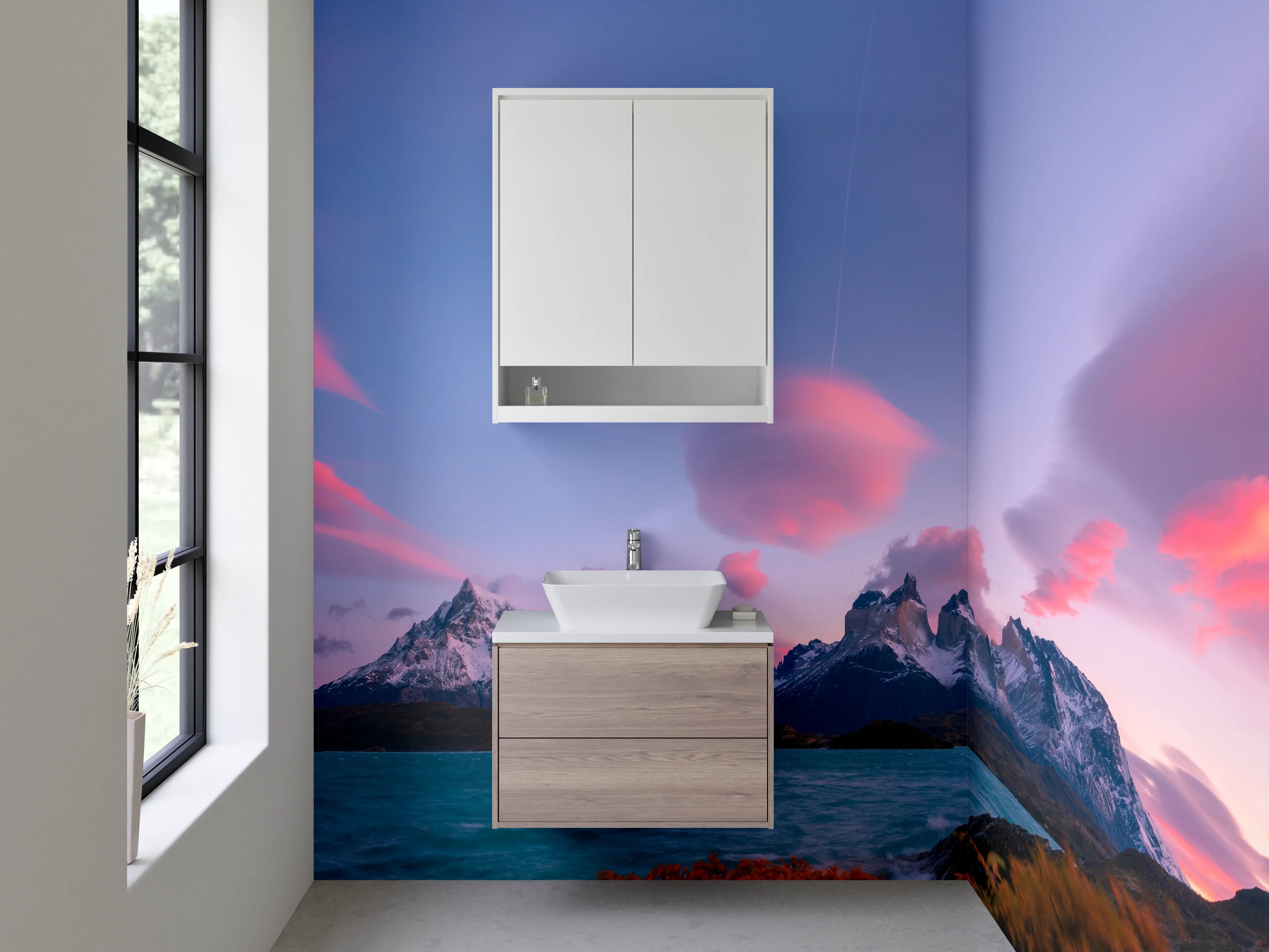 Waschbecken-Rückwand - Sonnenuntergang über grauen Gipfeln