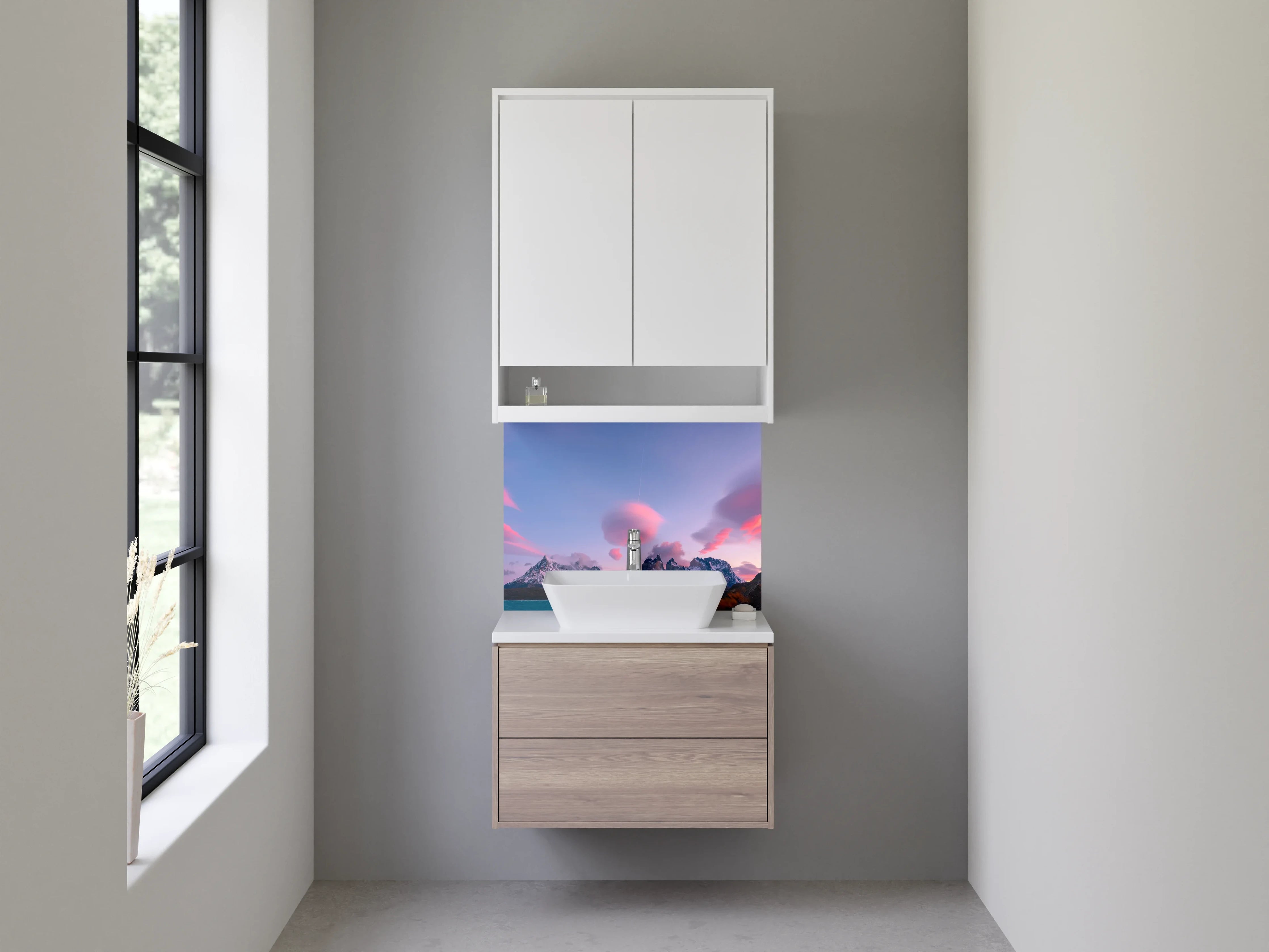 Waschbecken-Rückwand - Sonnenuntergang über grauen Gipfeln