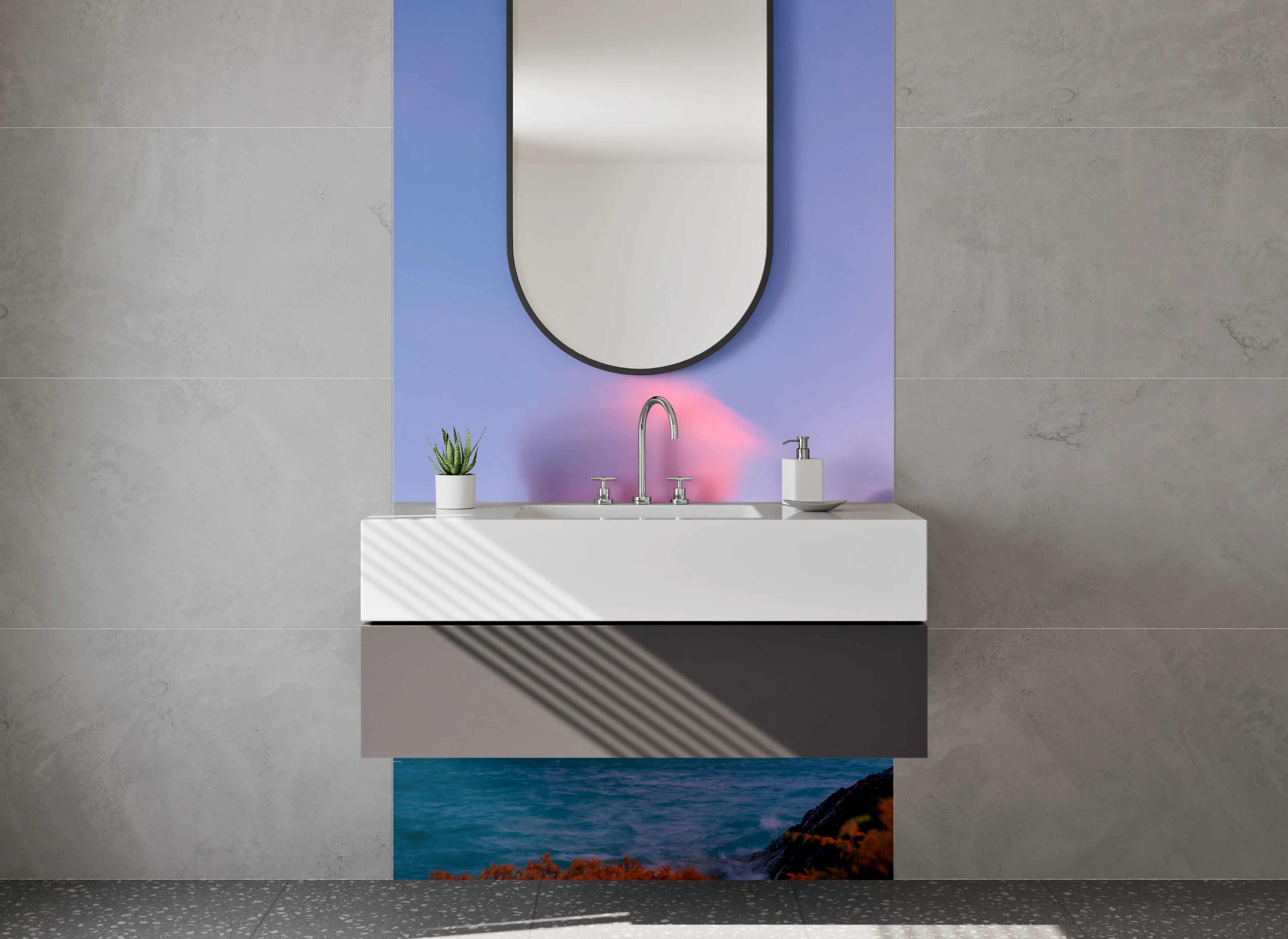 Waschbecken-Rückwand - Sonnenuntergang über grauen Gipfeln