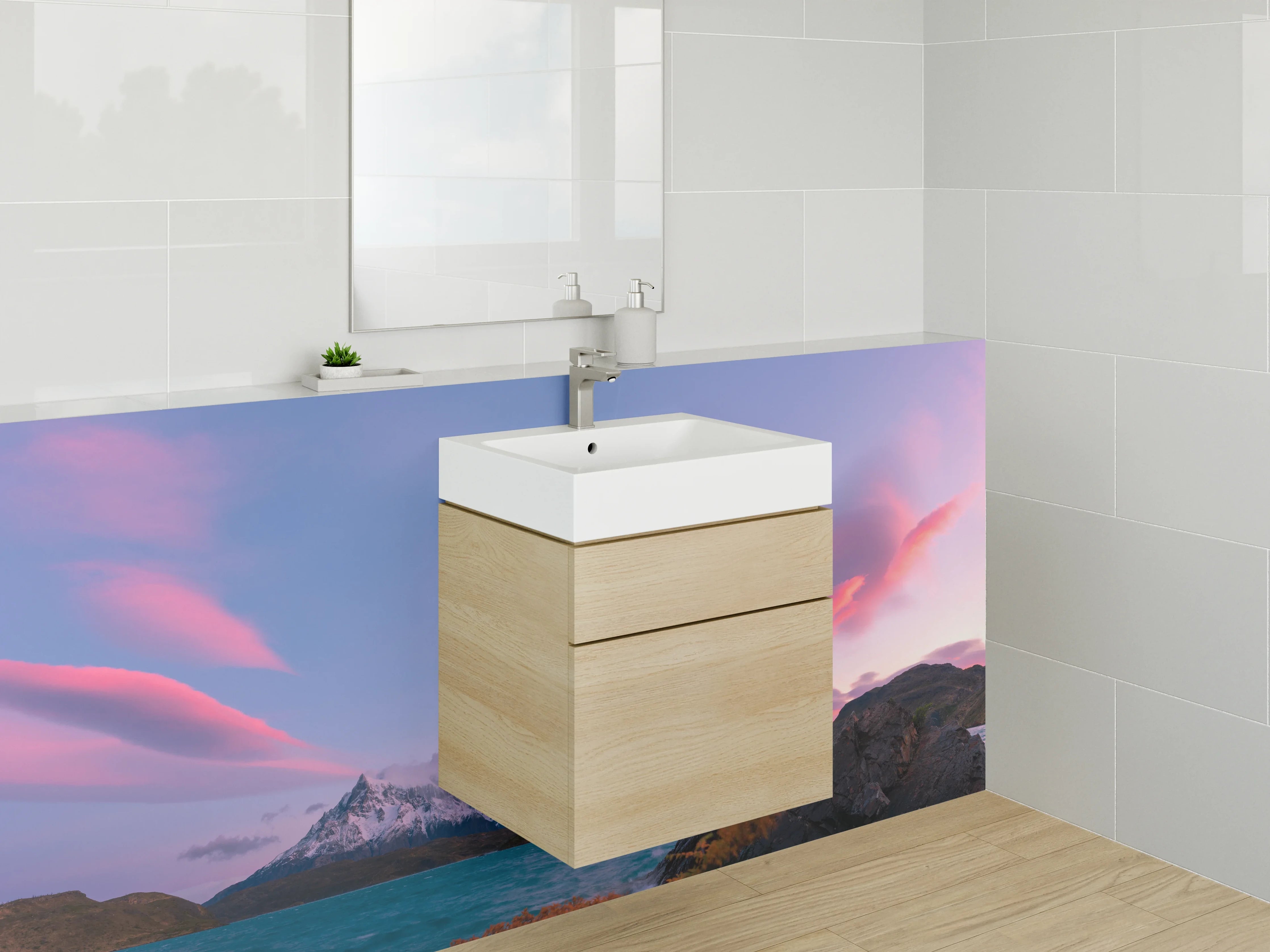 Waschbecken-Rückwand - Sonnenuntergang über grauen Gipfeln