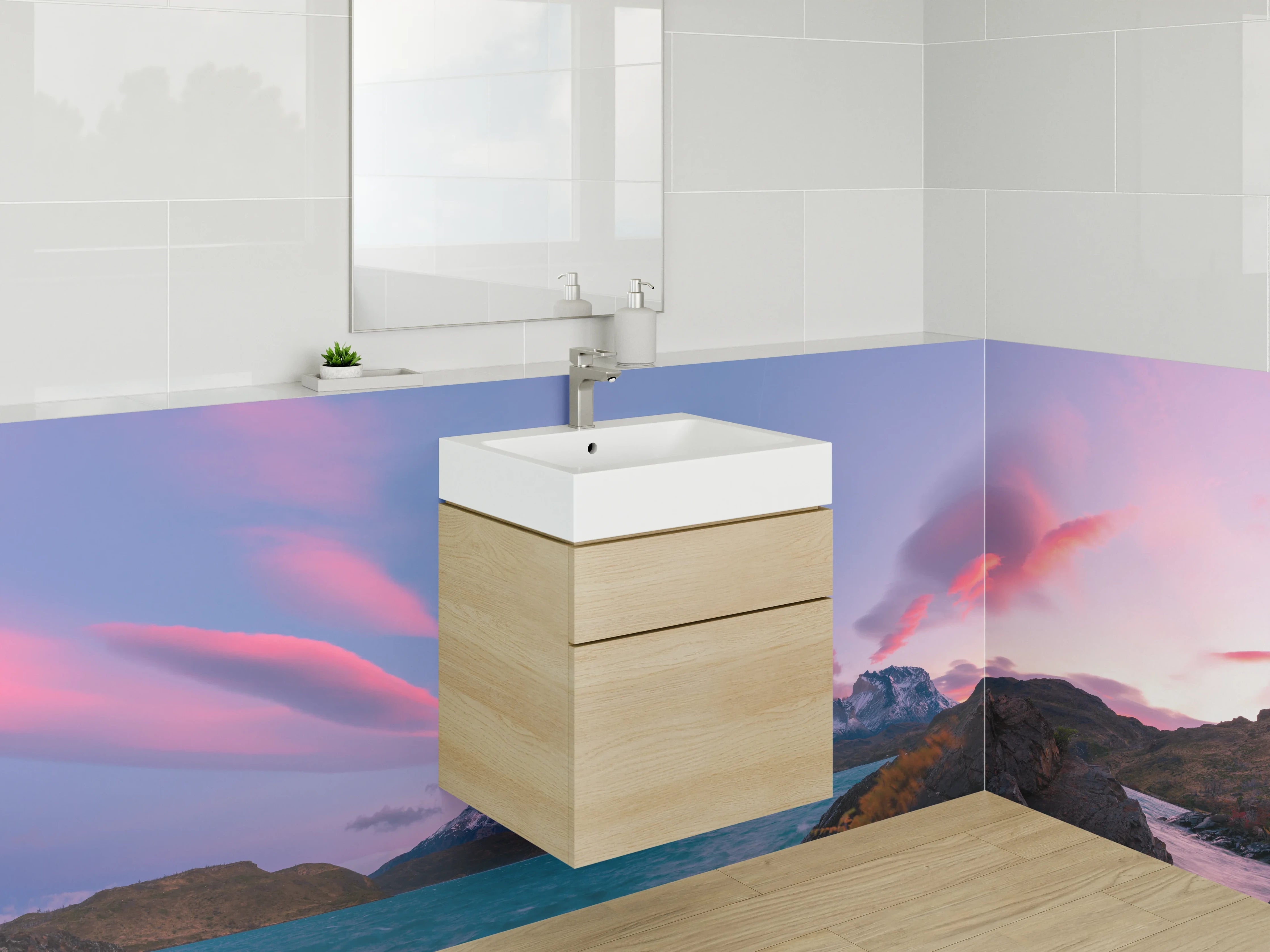 Waschbecken-Rückwand - Sonnenuntergang über grauen Gipfeln