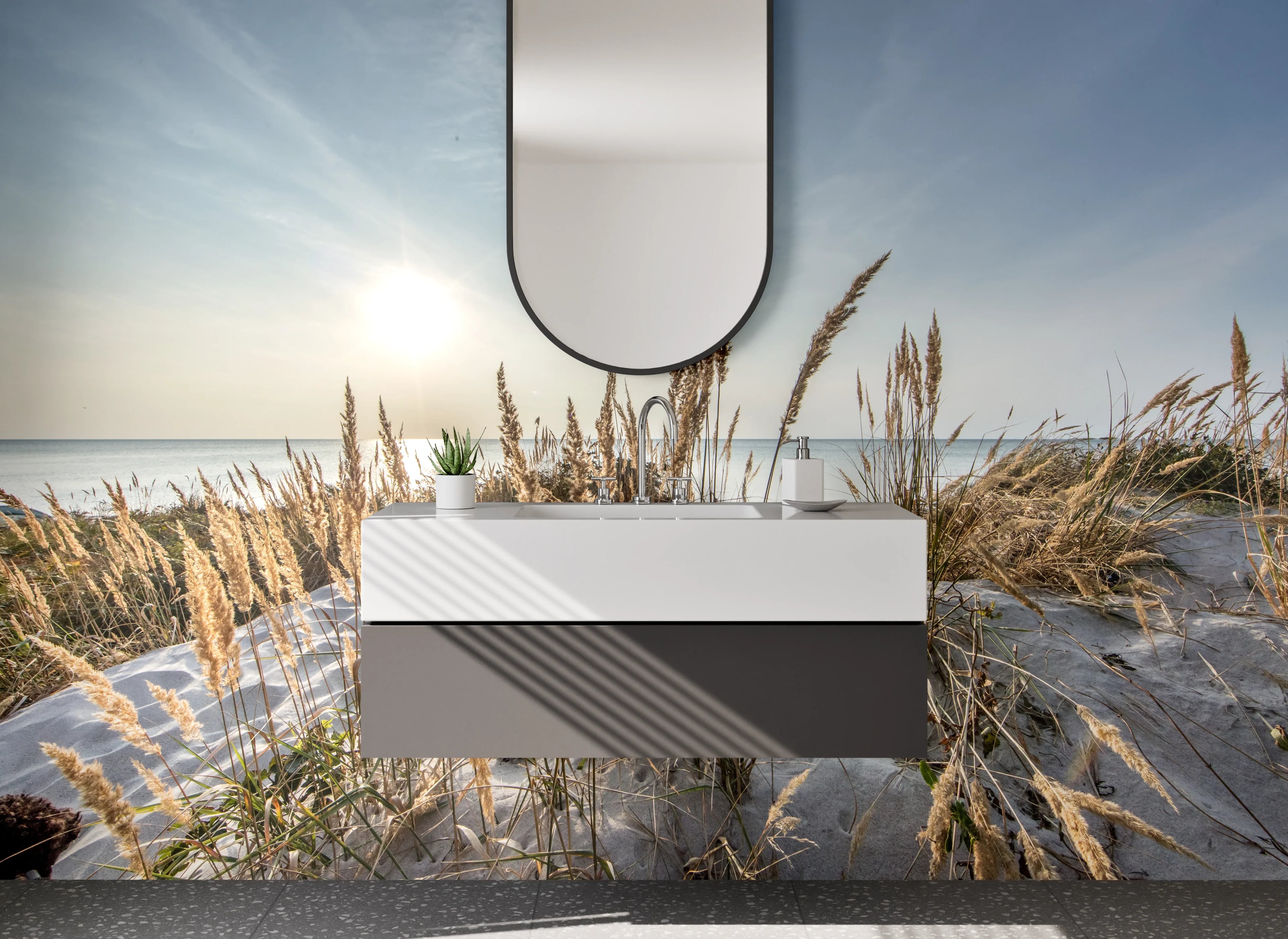Waschbecken-Rückwand - Sonniger Strand mit Dünen und Meer
