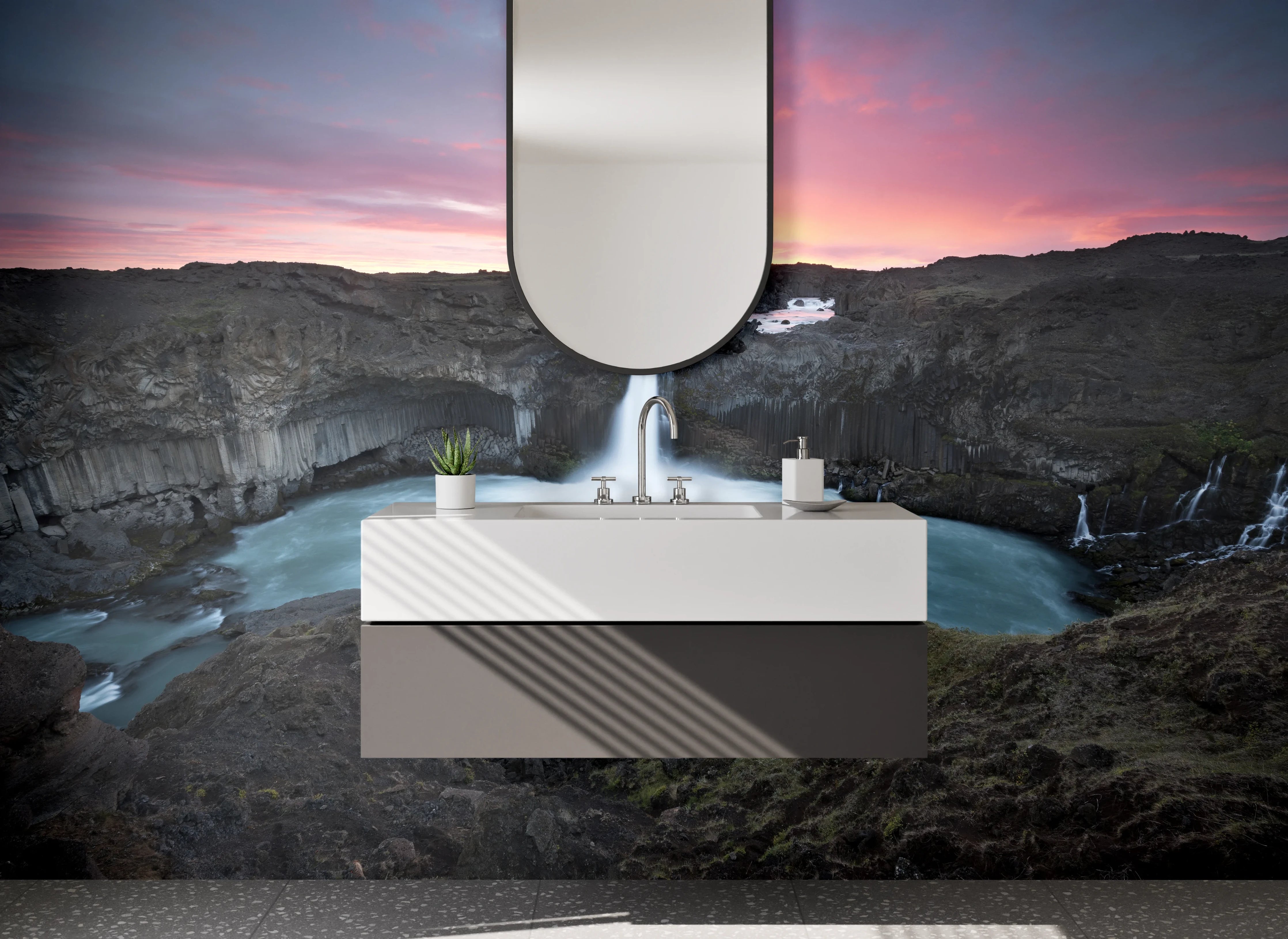 Waschbecken-Rückwand - Spektakulärer Wasserfall bei Sonnenuntergang