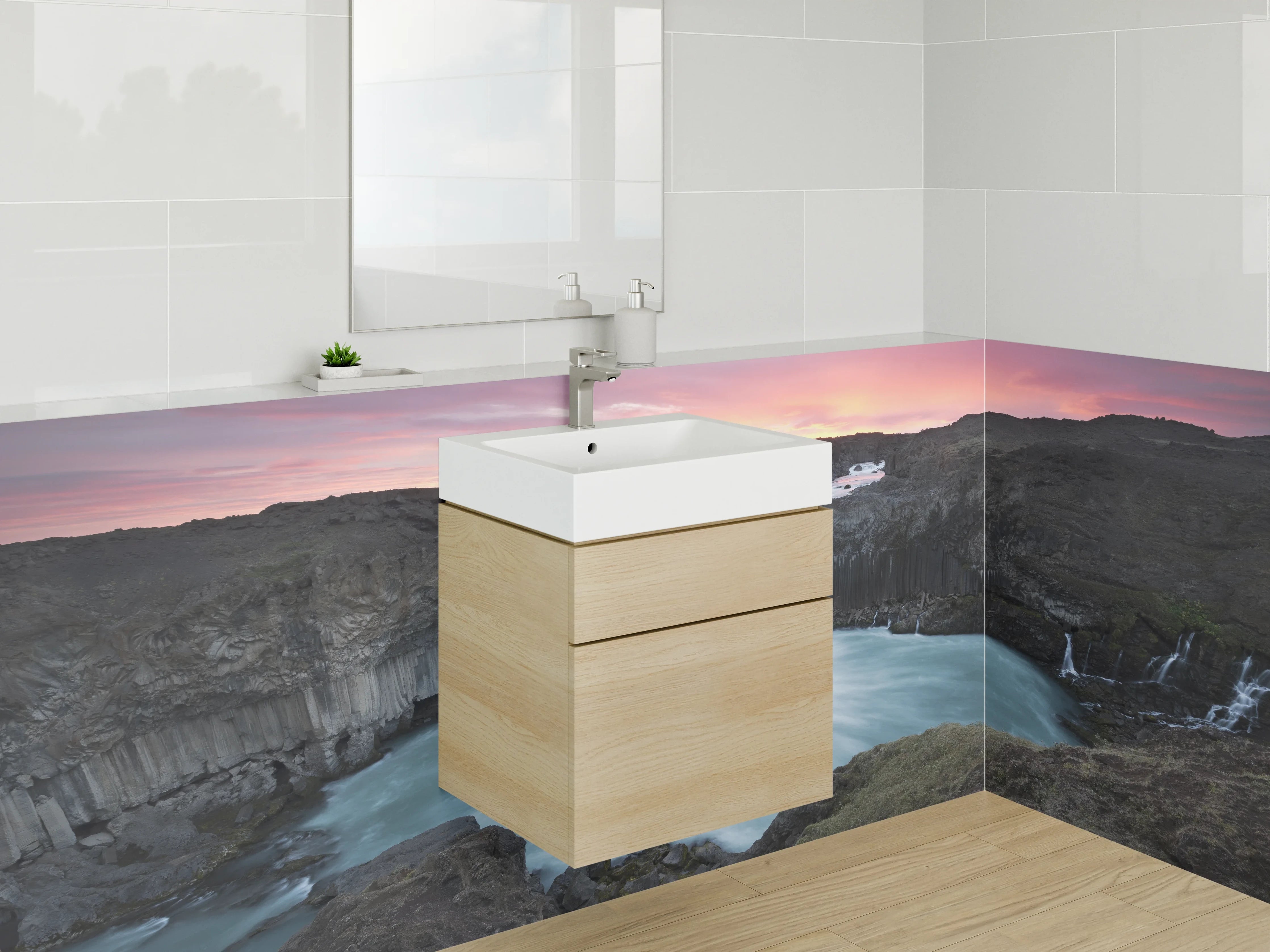 Waschbecken-Rückwand - Spektakulärer Wasserfall bei Sonnenuntergang