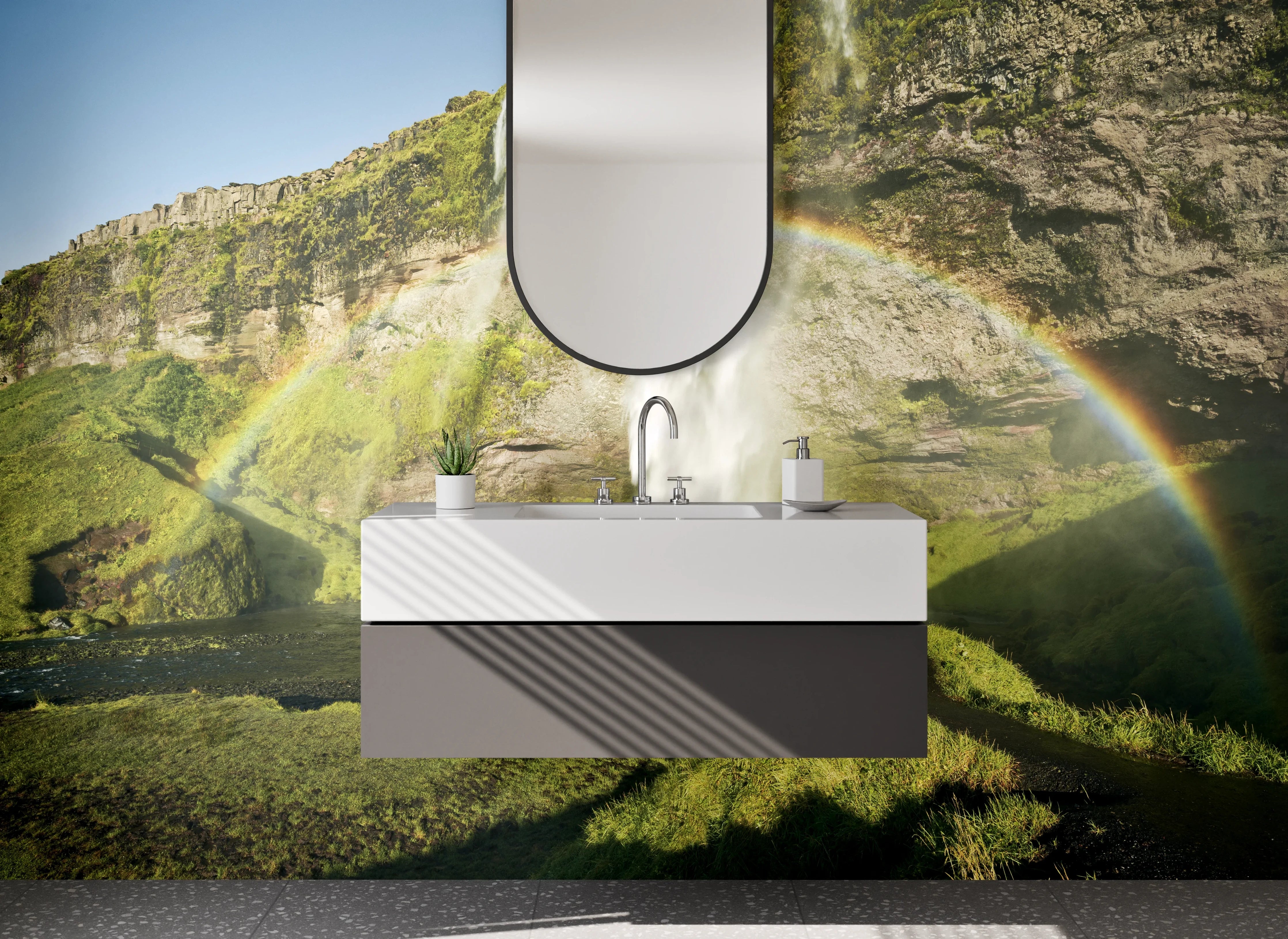 Waschbecken-Rückwand - Spektakulärer Wasserfall mit Regenbogen