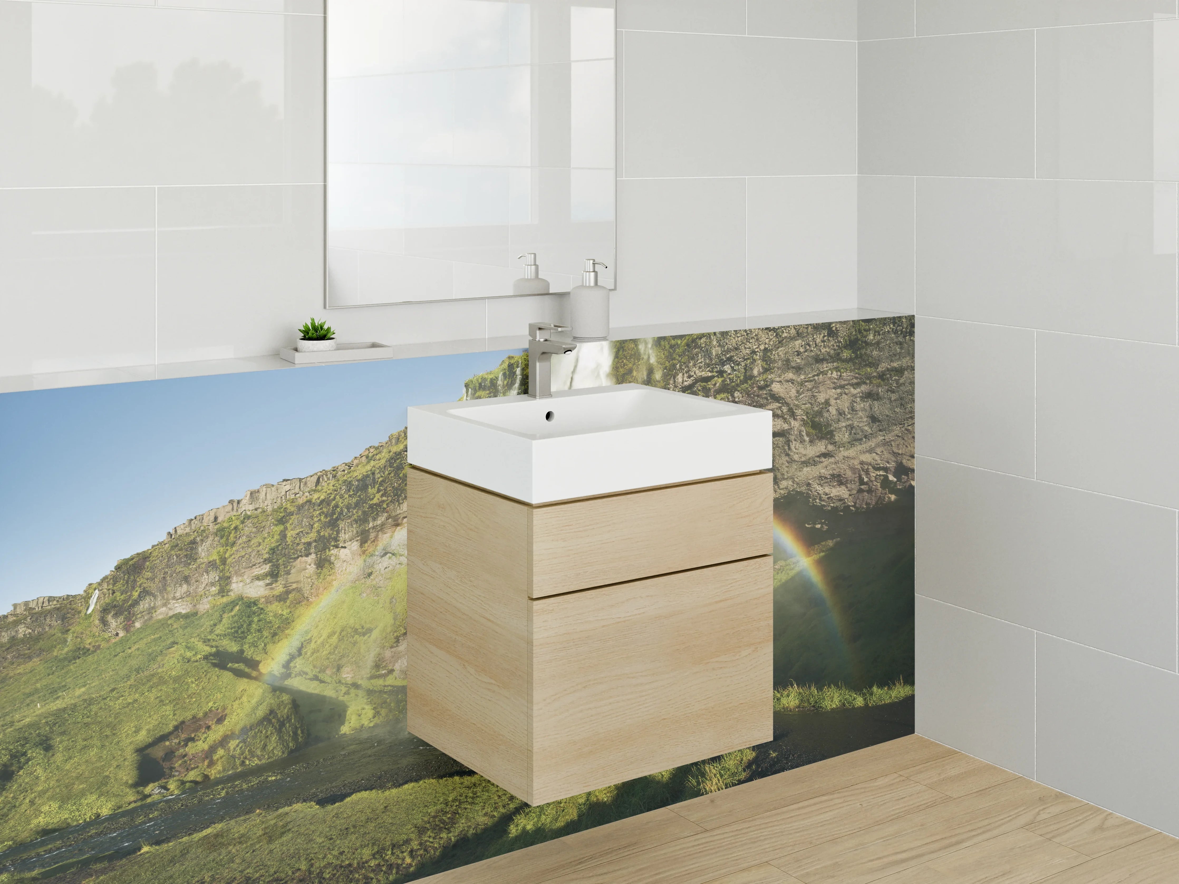Waschbecken-Rückwand - Spektakulärer Wasserfall mit Regenbogen