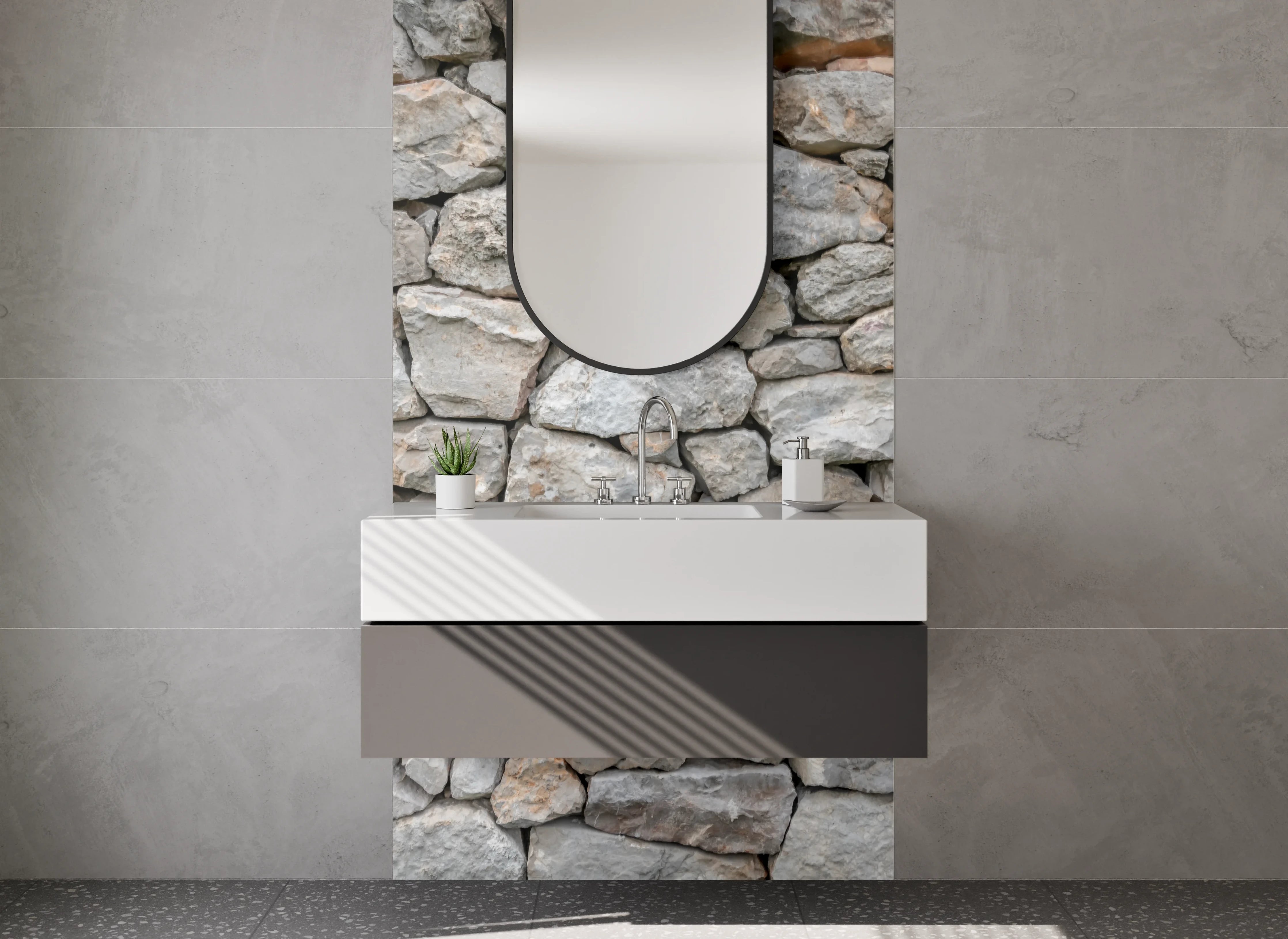 Waschbecken-Rückwand - Steinmauer Optik Grau – Natursteinflair