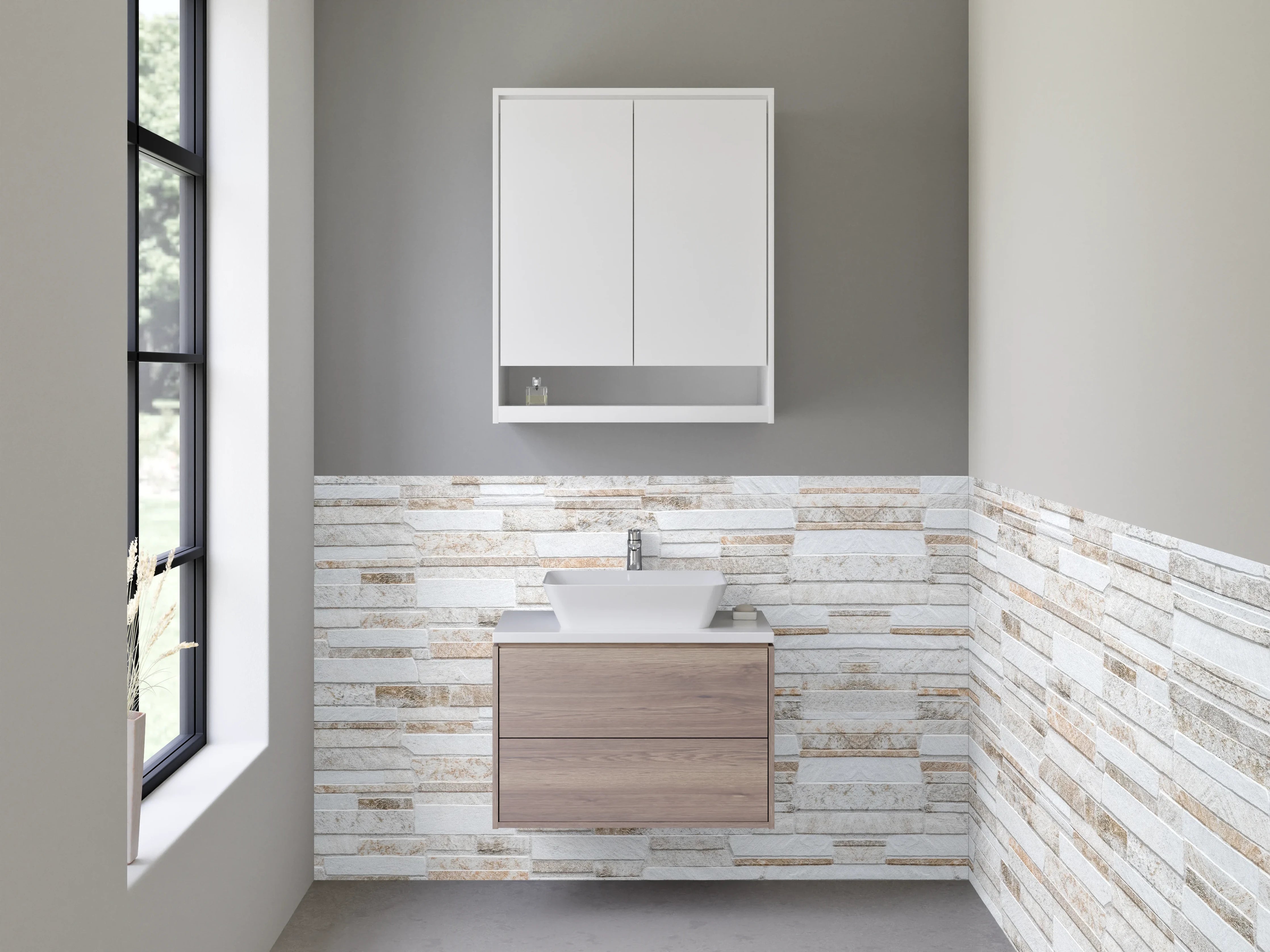 Waschbecken-Rückwand - Steinoptik Fliesen Weiß Grau Beige