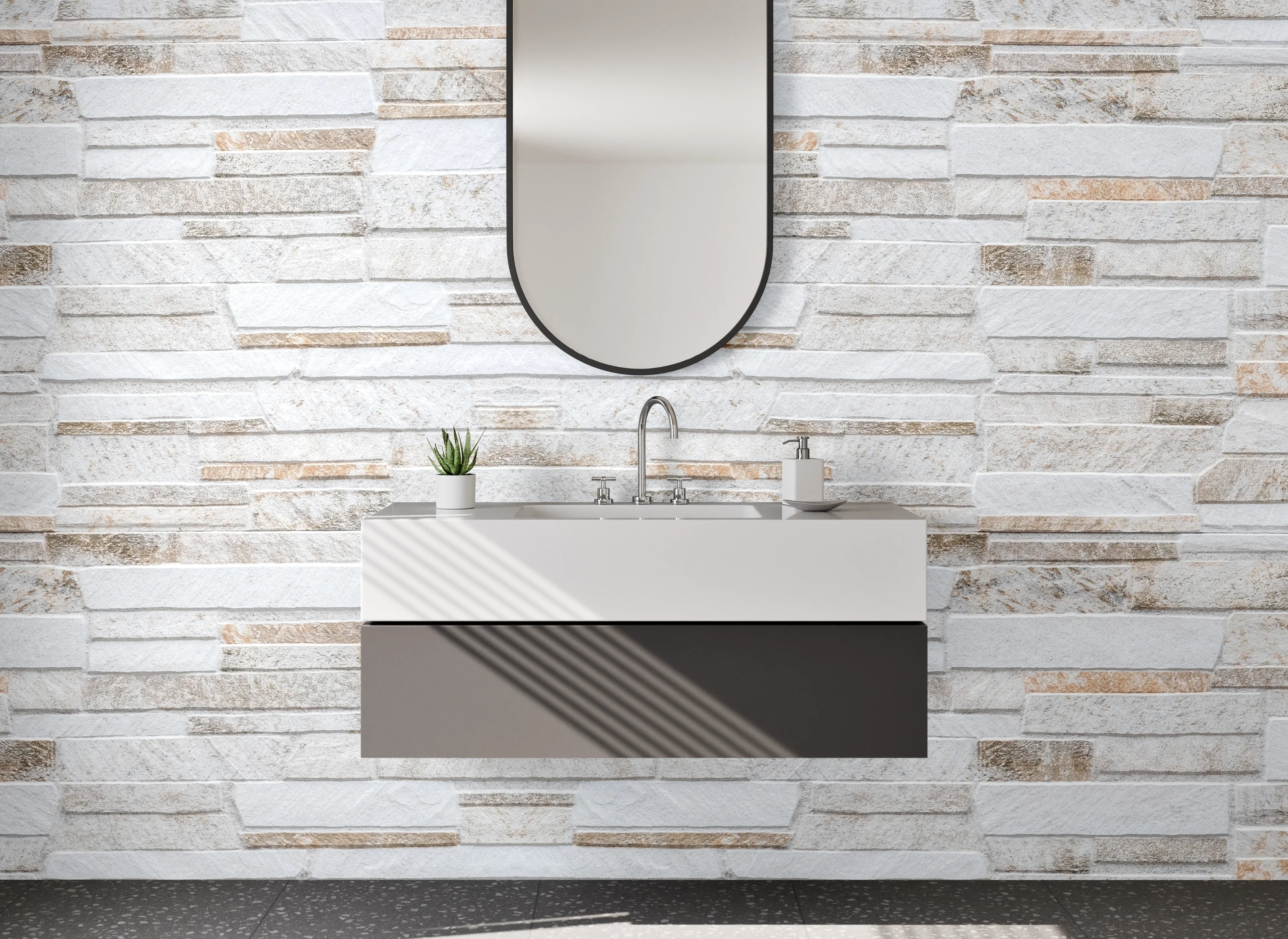 Waschbecken-Rückwand - Steinoptik Fliesen Weiß Grau Beige